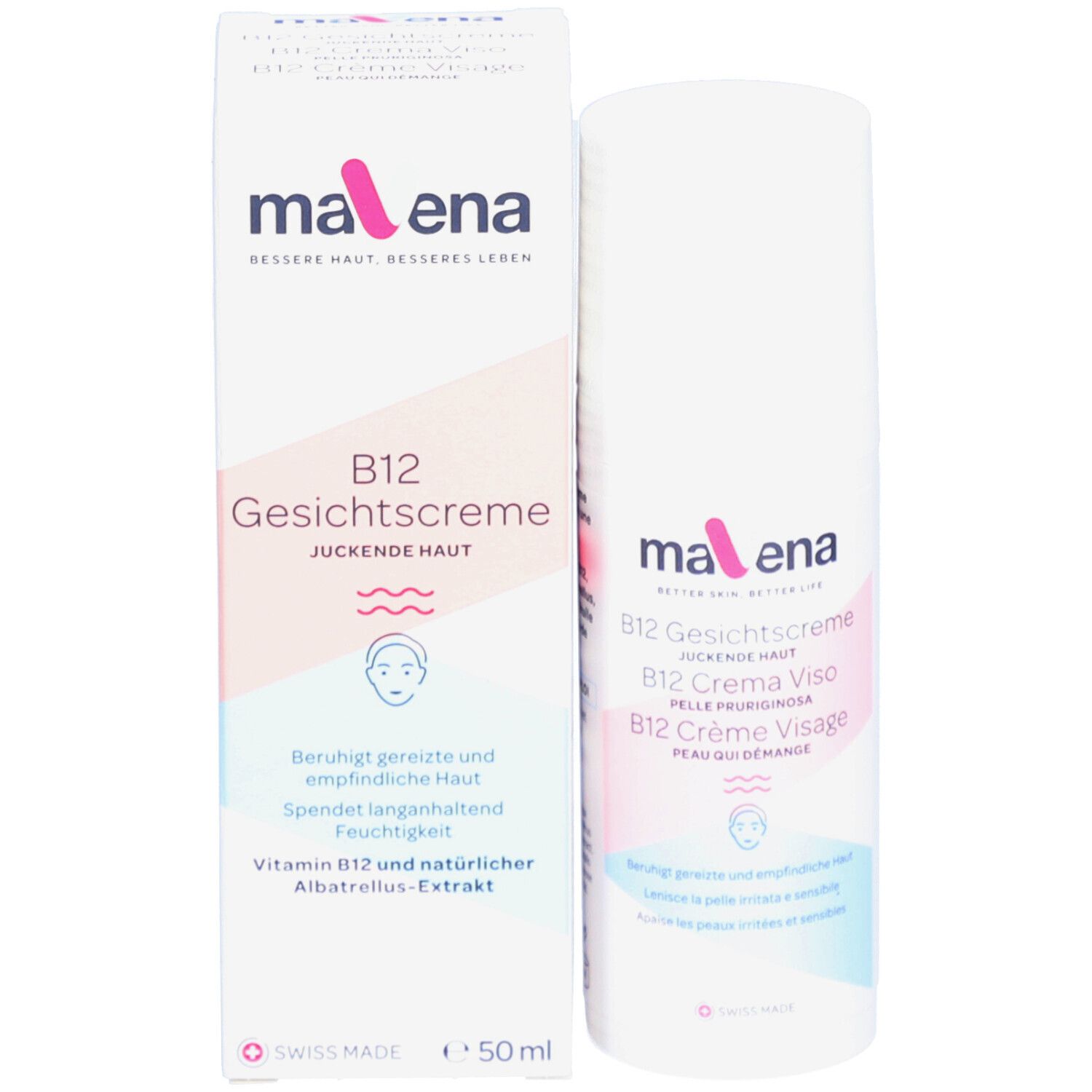 Product en verpakking. "mavena B12 Gesichtscreme". Tekst in het Duits. Zwitserse vlag. 50 ml.