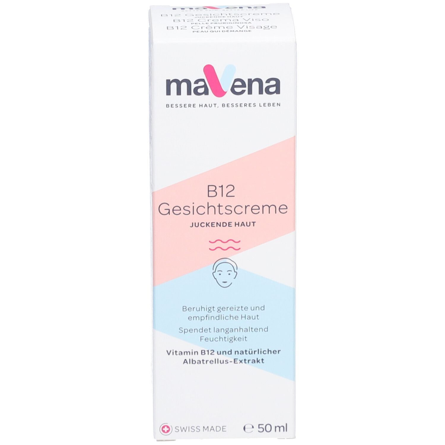 Verpakking "mavena B12 Gesichtscreme". Tekst in het Duits. Zwitserse vlag. 50 ml.