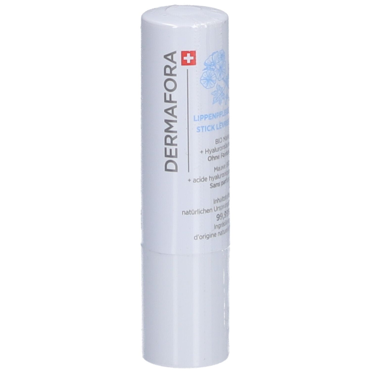 Stick à lèvres blanc avec logo "DERMAFORA" et croix suisse. Texte : "Lippenpflege Stick Lèvres".
