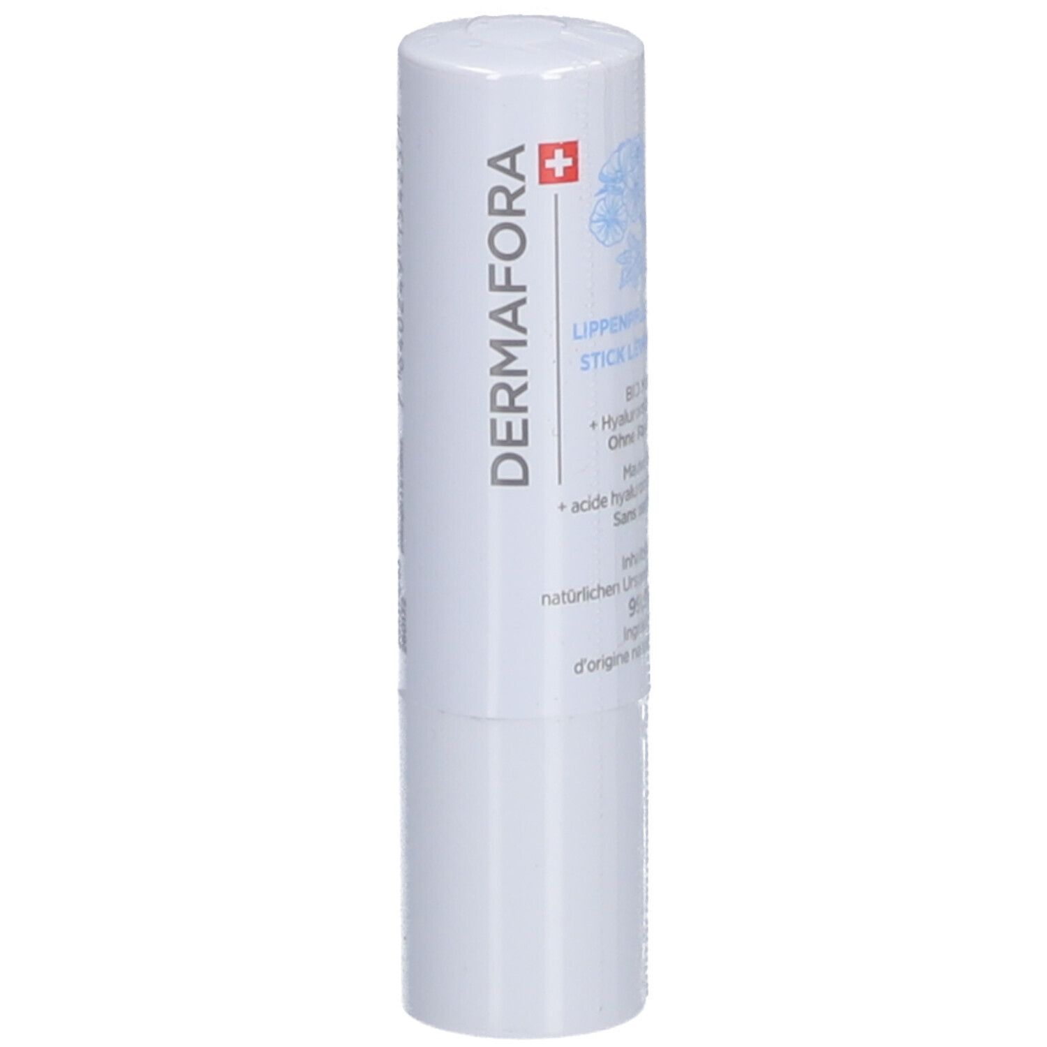 Stick à lèvres blanc avec logo "DERMAFORA" et croix suisse. Texte : "Lippenpflege Stick Lèvres".