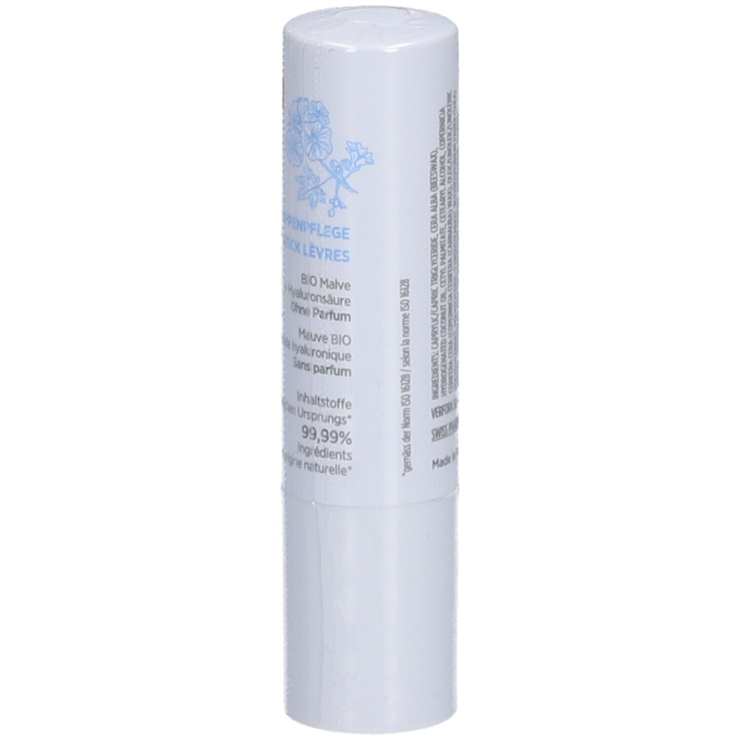 Stick à lèvres blanc avec texte et motif floral. Contient des informations sur les ingrédients et le fabricant.