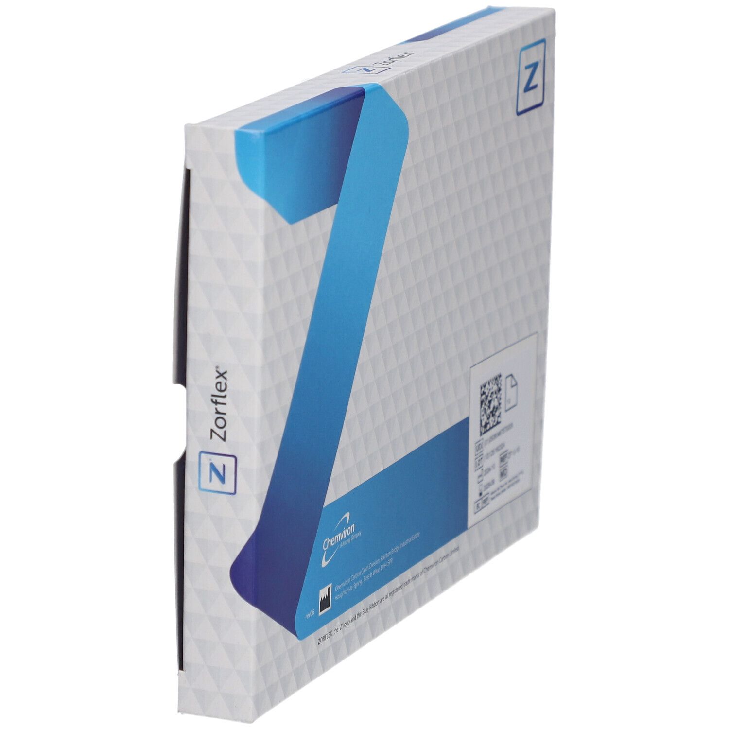 Zorflex wondverband verpakking, schuin, achterkant. Informatie, QR-code en logo's. Afmeting 10 x 10 cm.