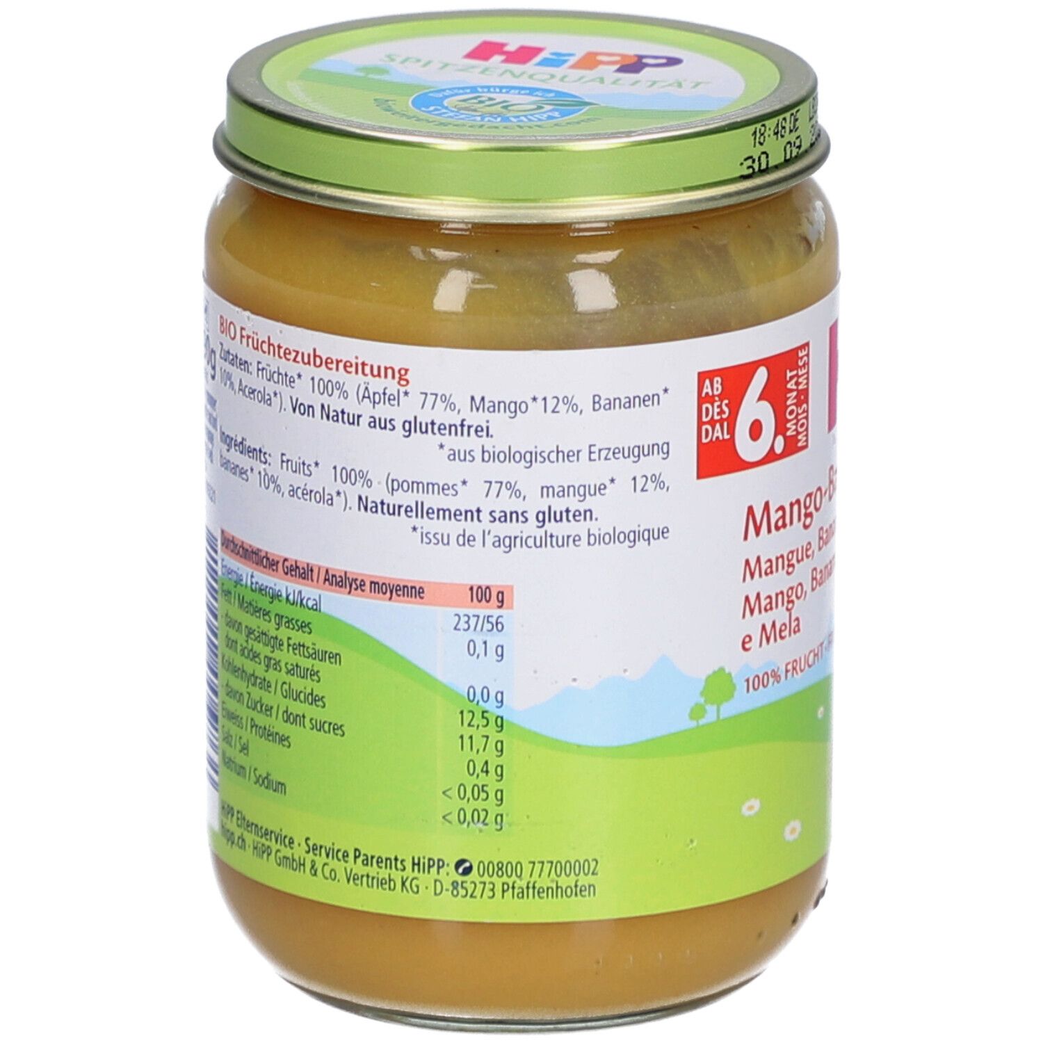 Hipp Fruitbereiding Mango, Banaan, Appel, potje van 100g.