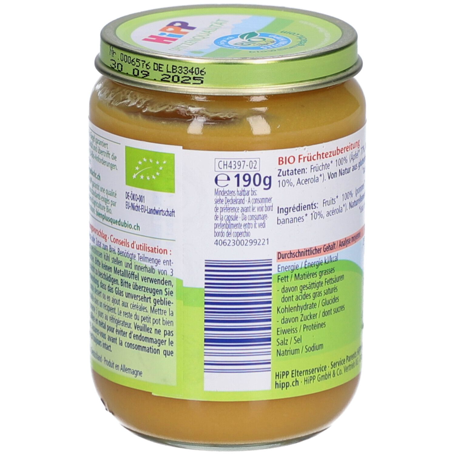 Biologische fruitbereiding in pot, 190g. Ingrediënten: fruit, bananen, acerola.