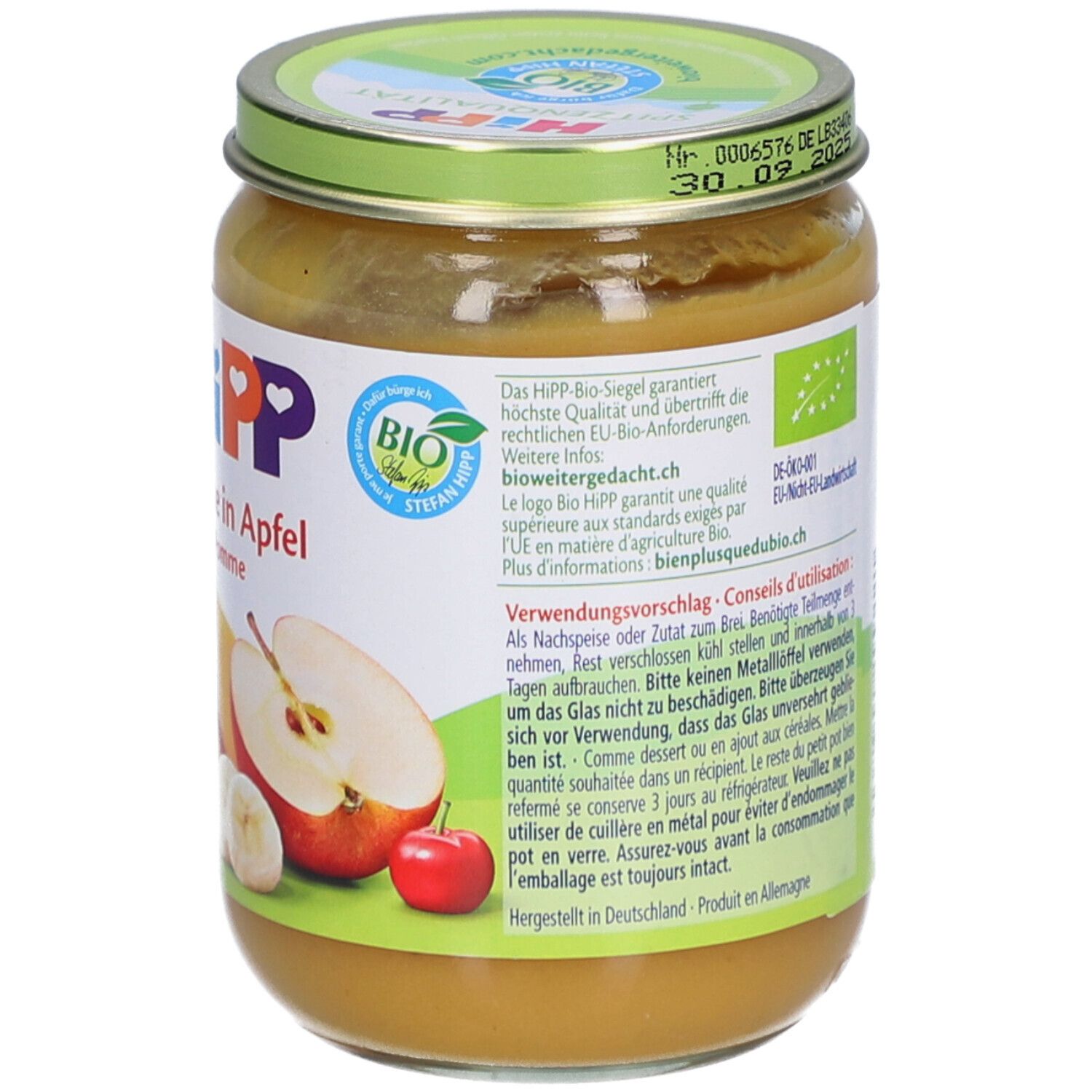 HIPP appelmoes in pot, met Bio-keurmerk en afbeelding van appels.