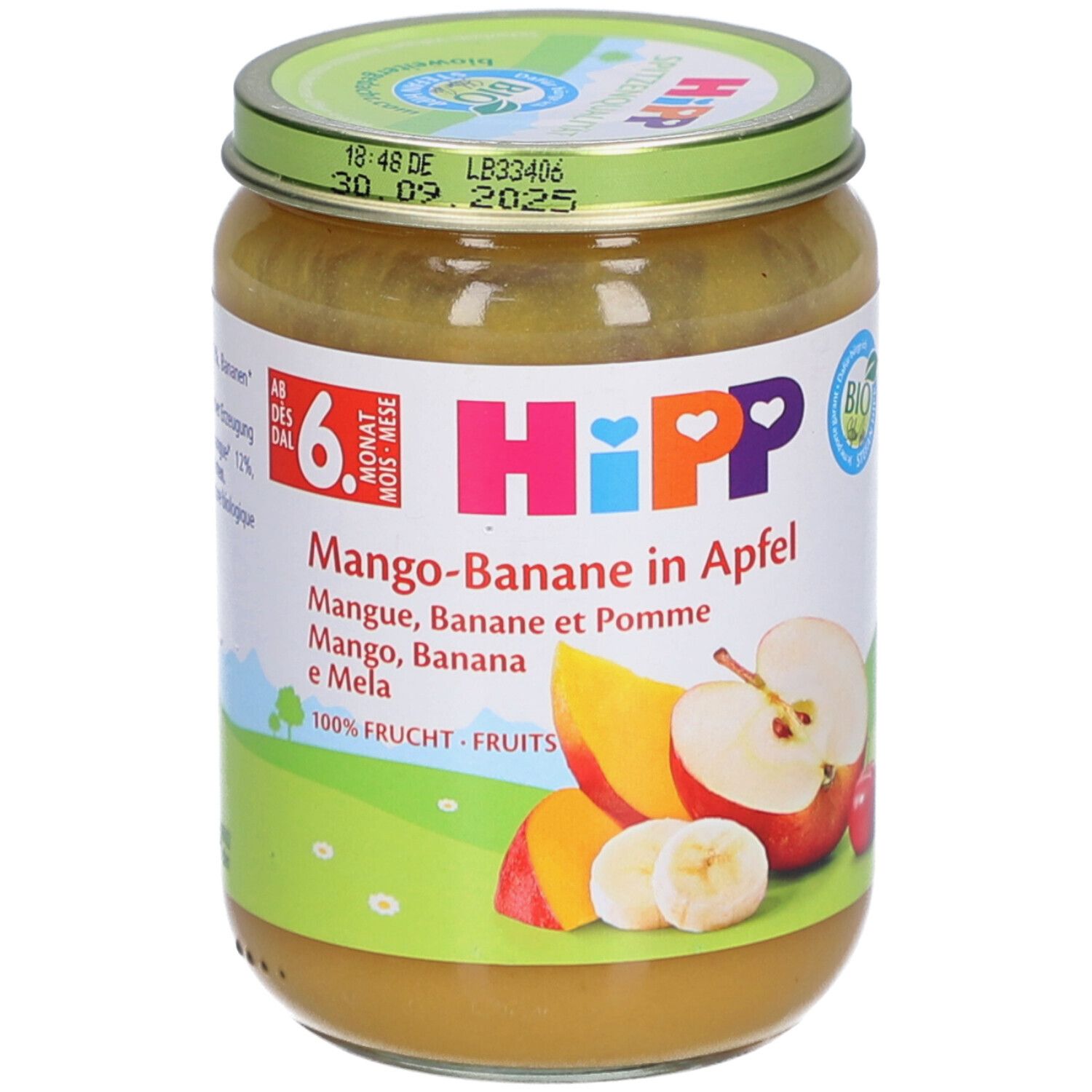 HiPP Mango-Banaan in Appel babyvoeding in pot. Vanaf 6 maanden. 100% fruit.