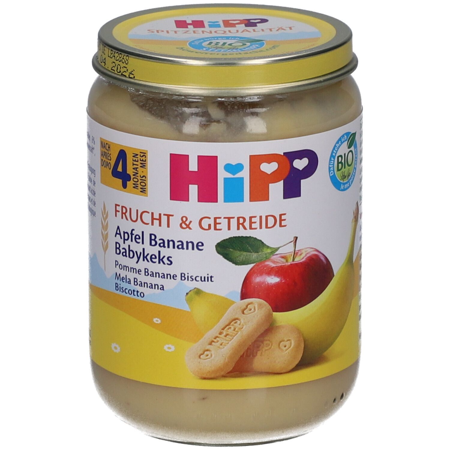 Hipp Fruit & Graan Appel Banaan Babykoekje in een pot. Bevat koekjes, appel en banaan.