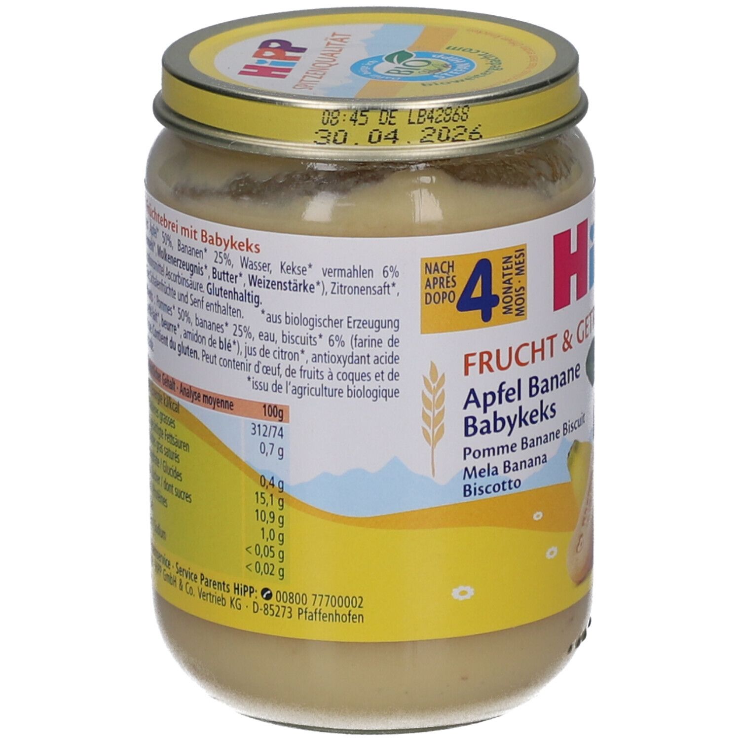 HIPP Fruit & Granen Appel Banaan Babykoekje in een glazen pot. Vanaf 4 maanden.