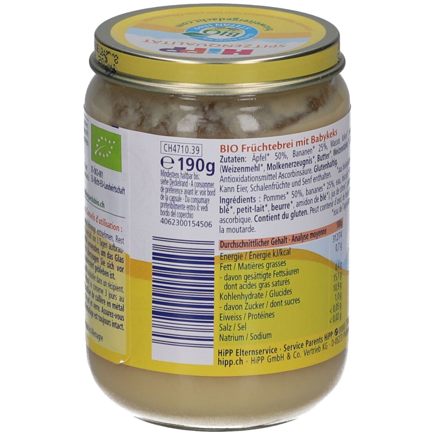 Biologische fruithap met babykoekjes in een pot van 190g.