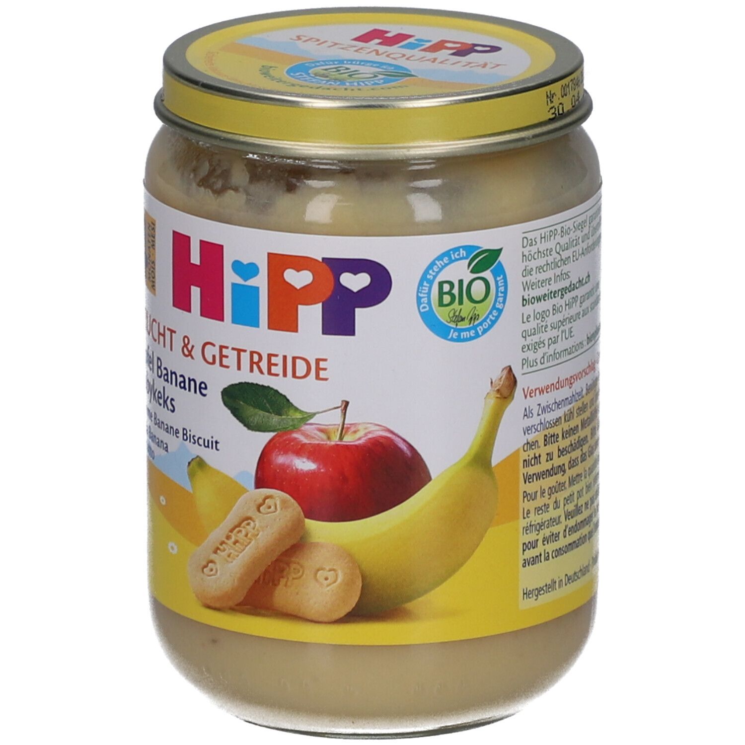 Hipp Fruit & Graan Banaan: Pot babyvoeding met bananen, appel en koekjes.
