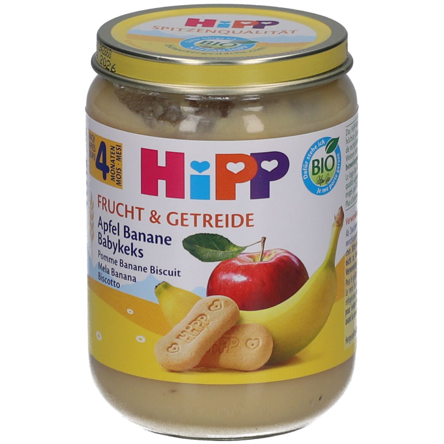 Hipp Fruit & Graan Appel Banaan Babykoekje in een pot. Bevat koekjes, appel en banaan.