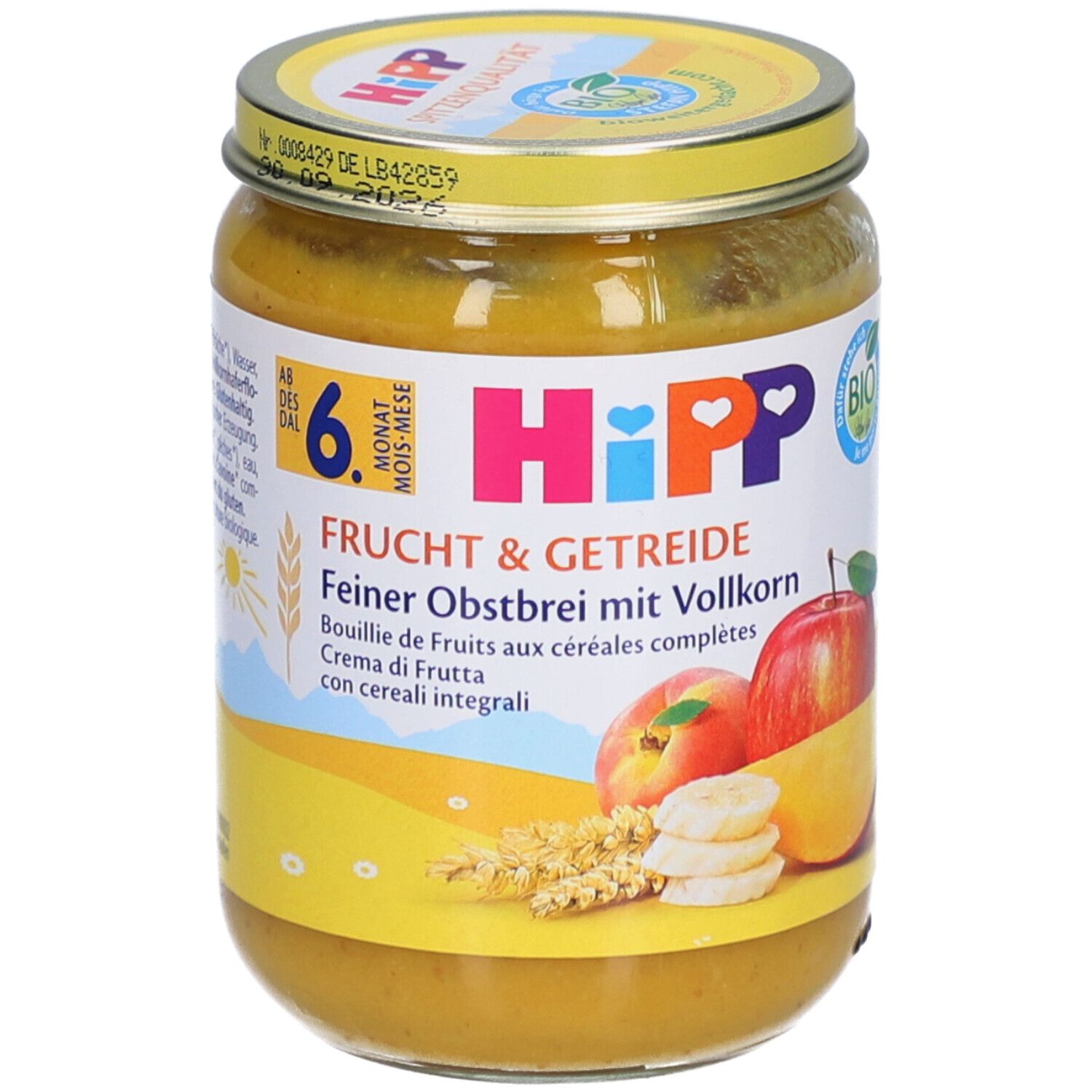 Hipp Fruit & Granen Fijn fruitpap met volkoren in pot.