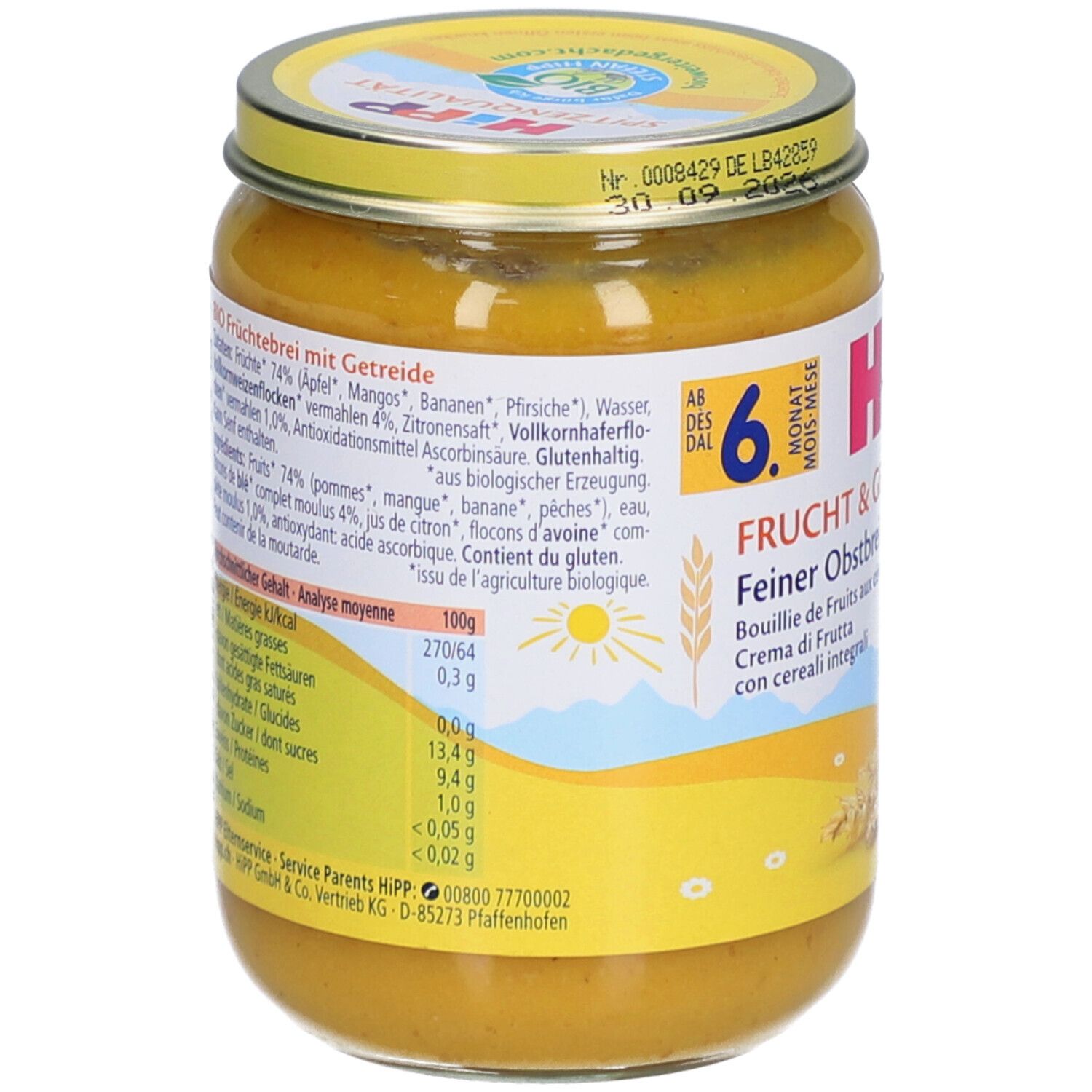 HIPP Fruit & Granen Fijne Fruitpap in pot, 100g. Geel etiket met voedingswaarde en ingrediëntenlijst.