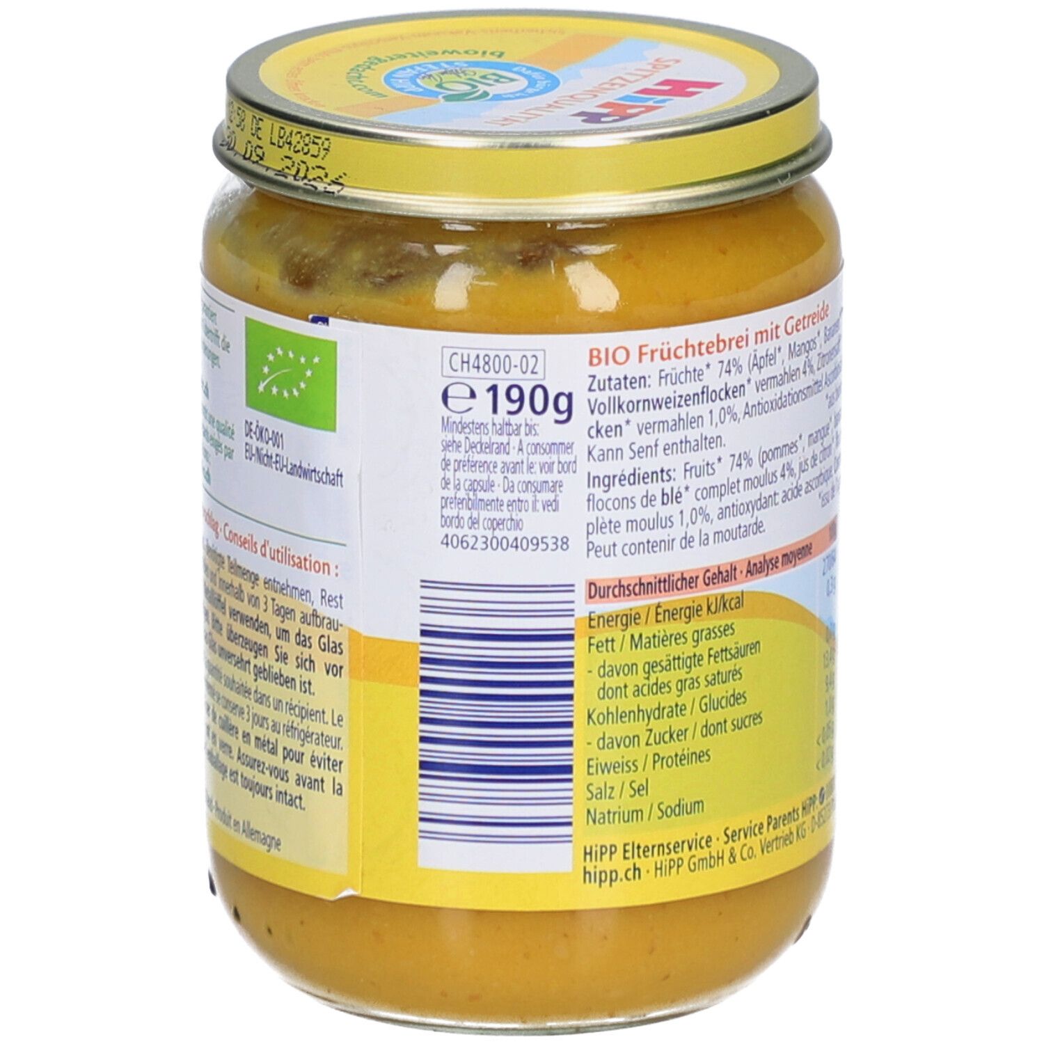 Hipp Bio Fruithap met granen pot, 190g. Bevat appel, mango en volkoren tarwevlokken.