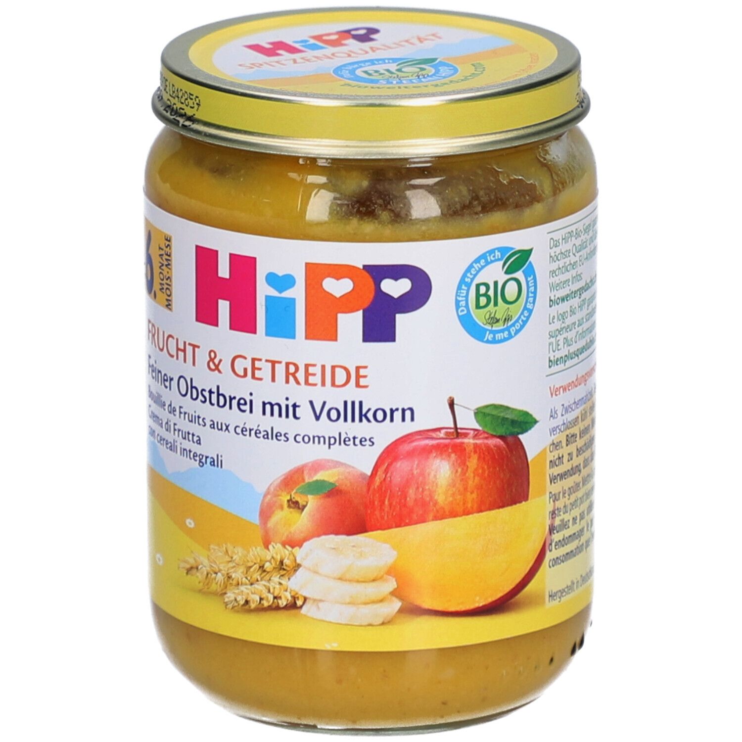 Hipp Fruit & Graan fijne fruitpap met volkoren in een potje. Met appels, bananen en havermout.