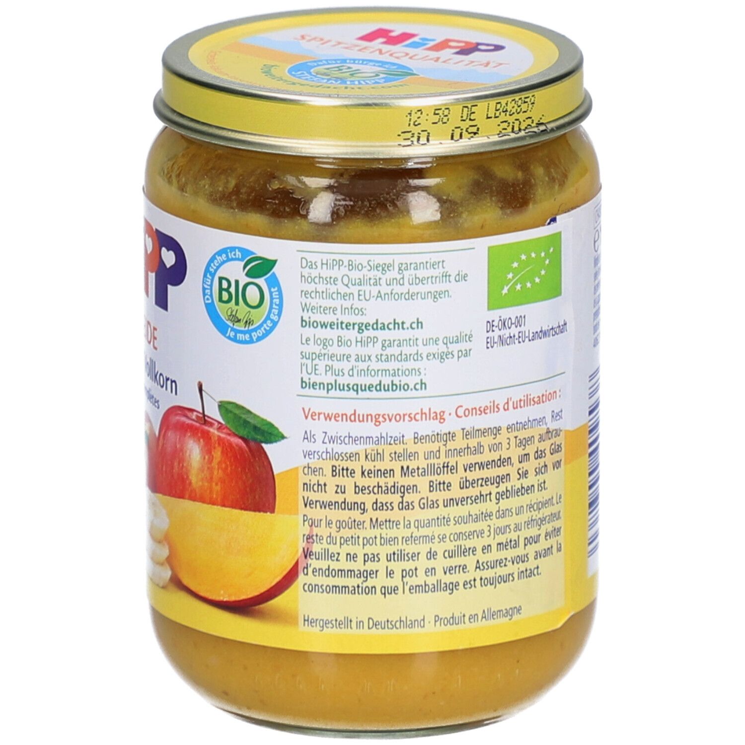 HIPP Bio babyvoeding Appel-Peer in pot met Bio-keurmerk en appel-peer afbeelding.