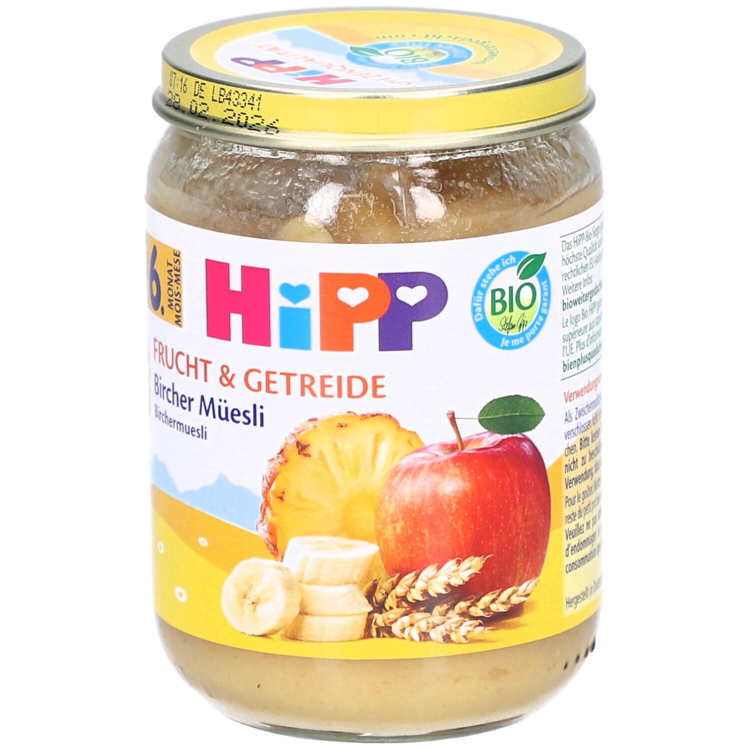 Pot de 6 mois Hipp Frucht & Getreide Bircher Muesli avec banane, pomme et ananas.