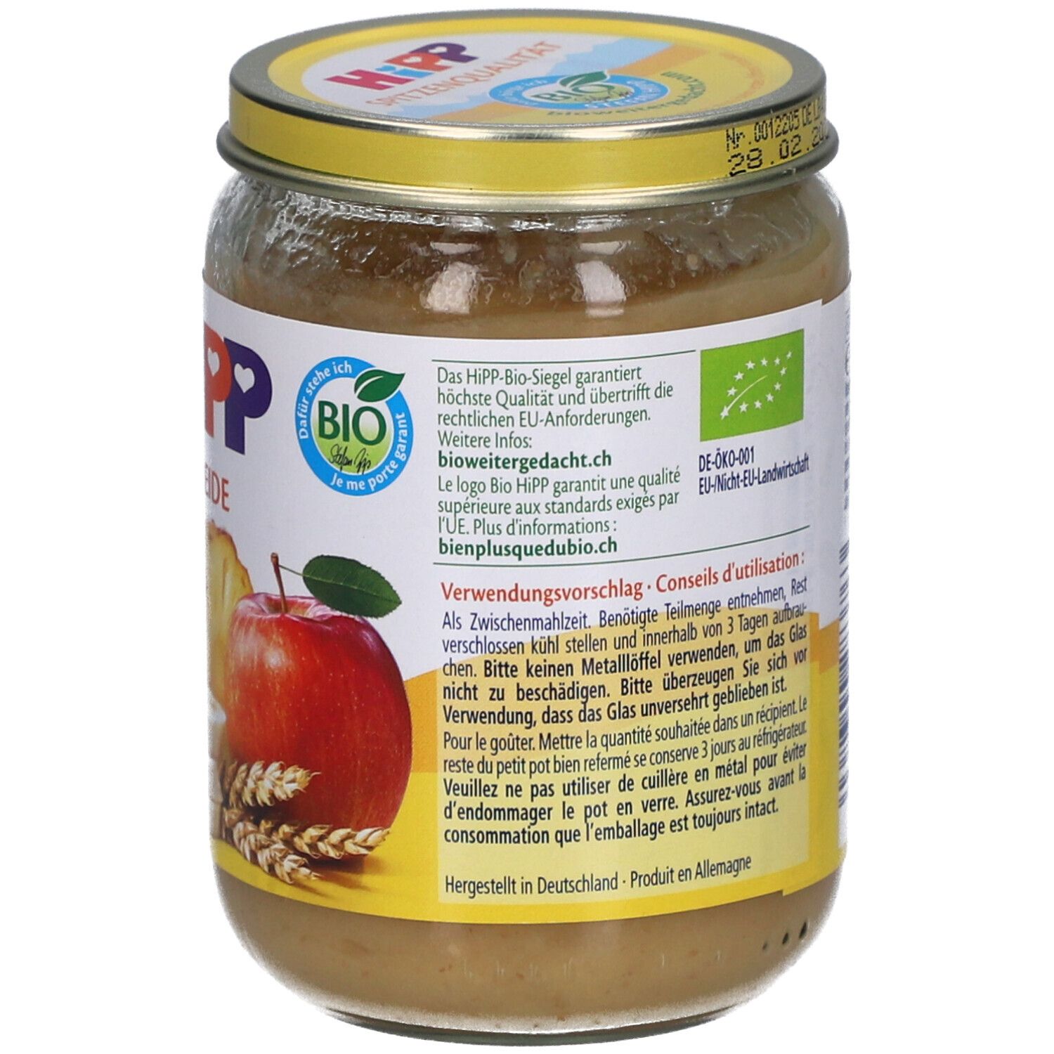 HIPP compote pomme-céréales en pot avec label Bio et motif pomme.