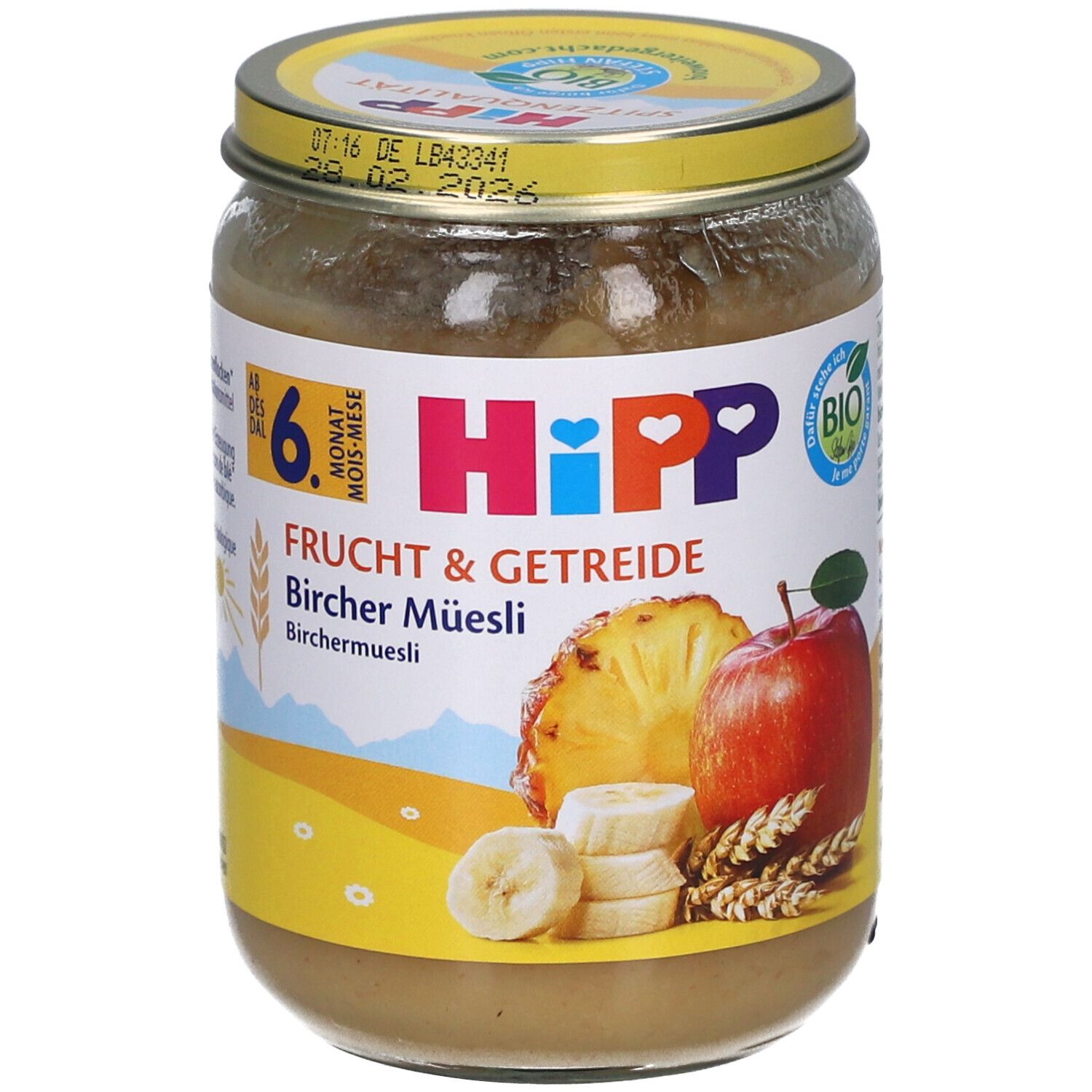 Pot de bébé Hipp Fruit & Céréales Bircher Muesli. Avec ananas, pomme, banane et céréales.