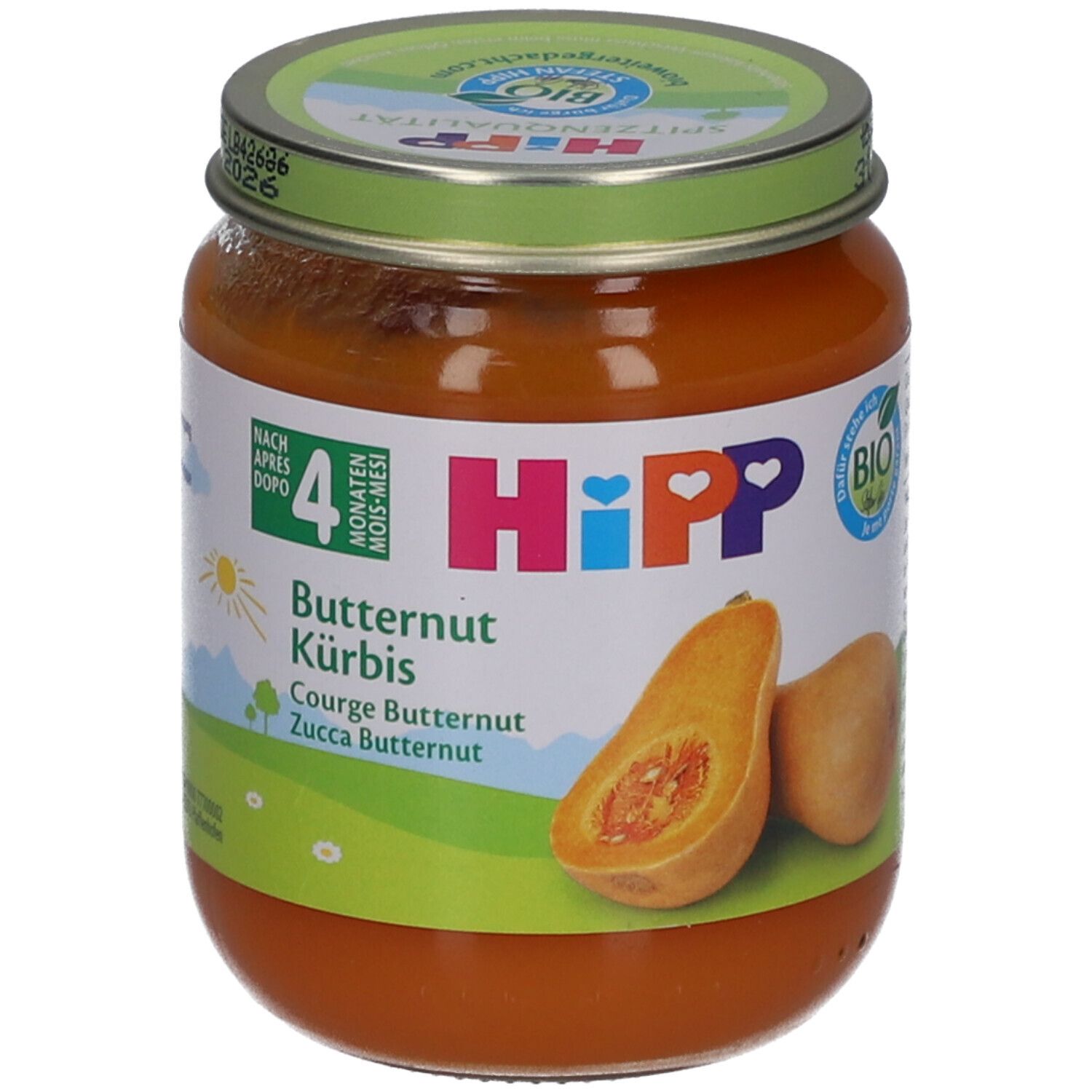 Potje HiPP biologische pompoenpuree vanaf 4 maanden. Etiket met pompoenillustratie, bio-keurmerk en zonsymbool.