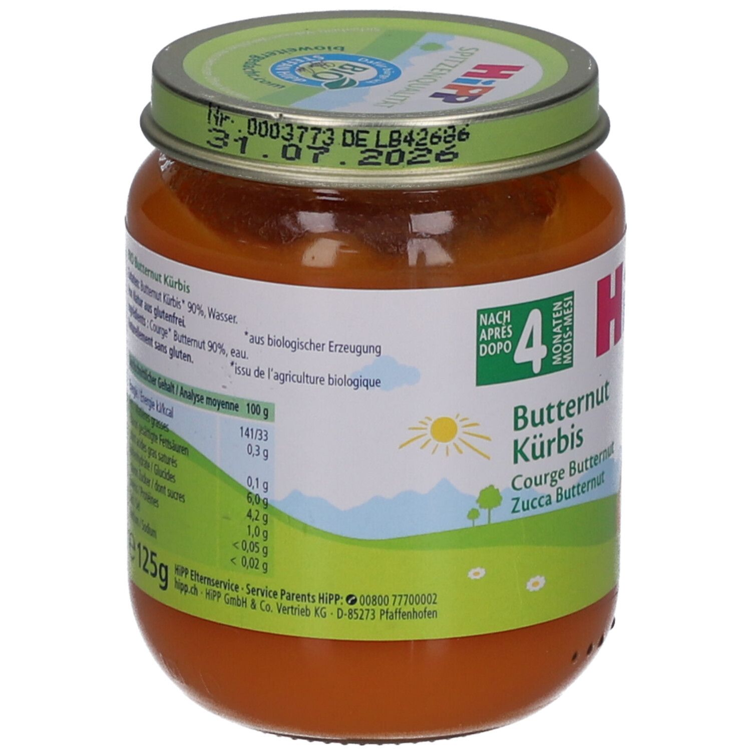 Potje HiPP biologische pompoenpuree vanaf 4 maanden. Achterkant met voedingswaarde en bio-keurmerk. 125g.
