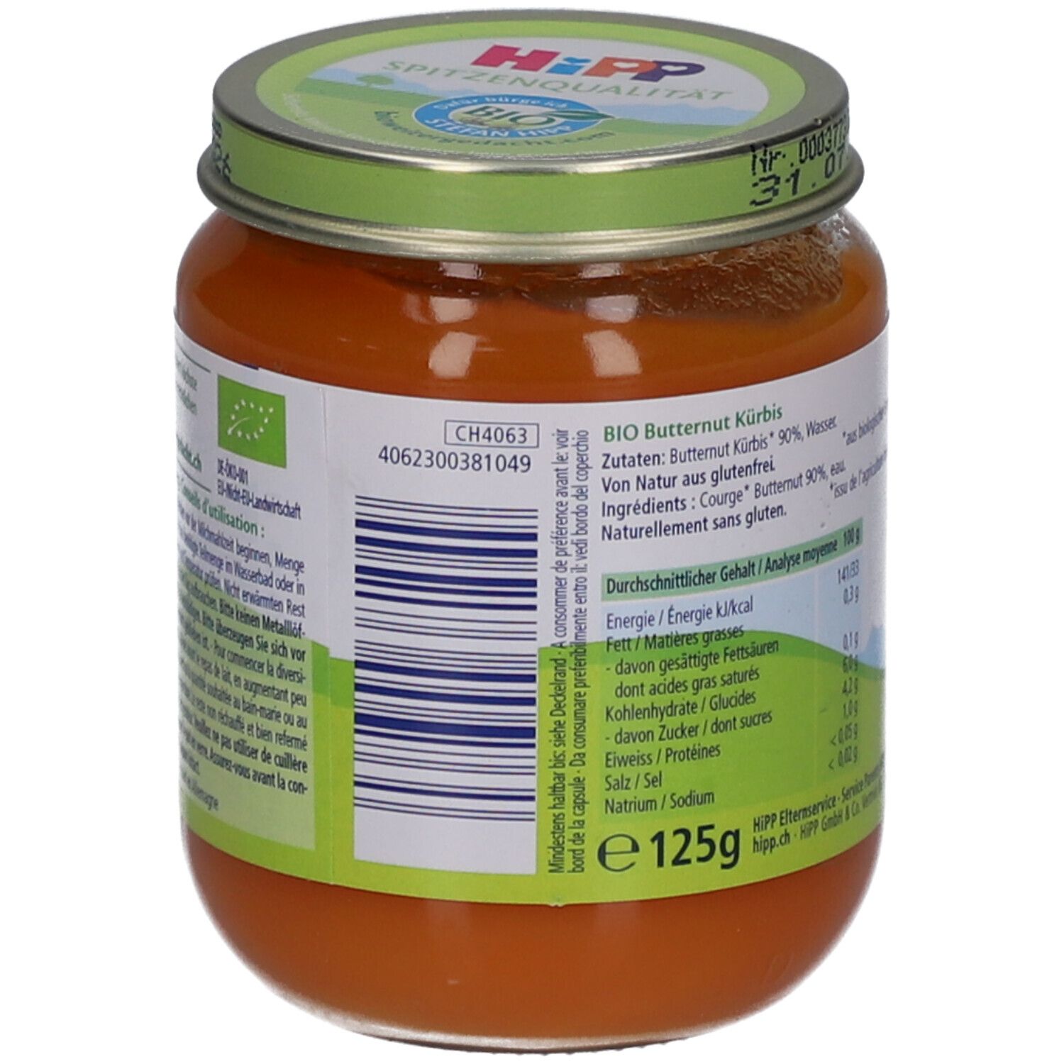 Achterkant potje HiPP biologische pompoenpuree vanaf 4 maanden. Ingrediëntenlijst, voedingswaarde en bio-keurmerk. 125g.