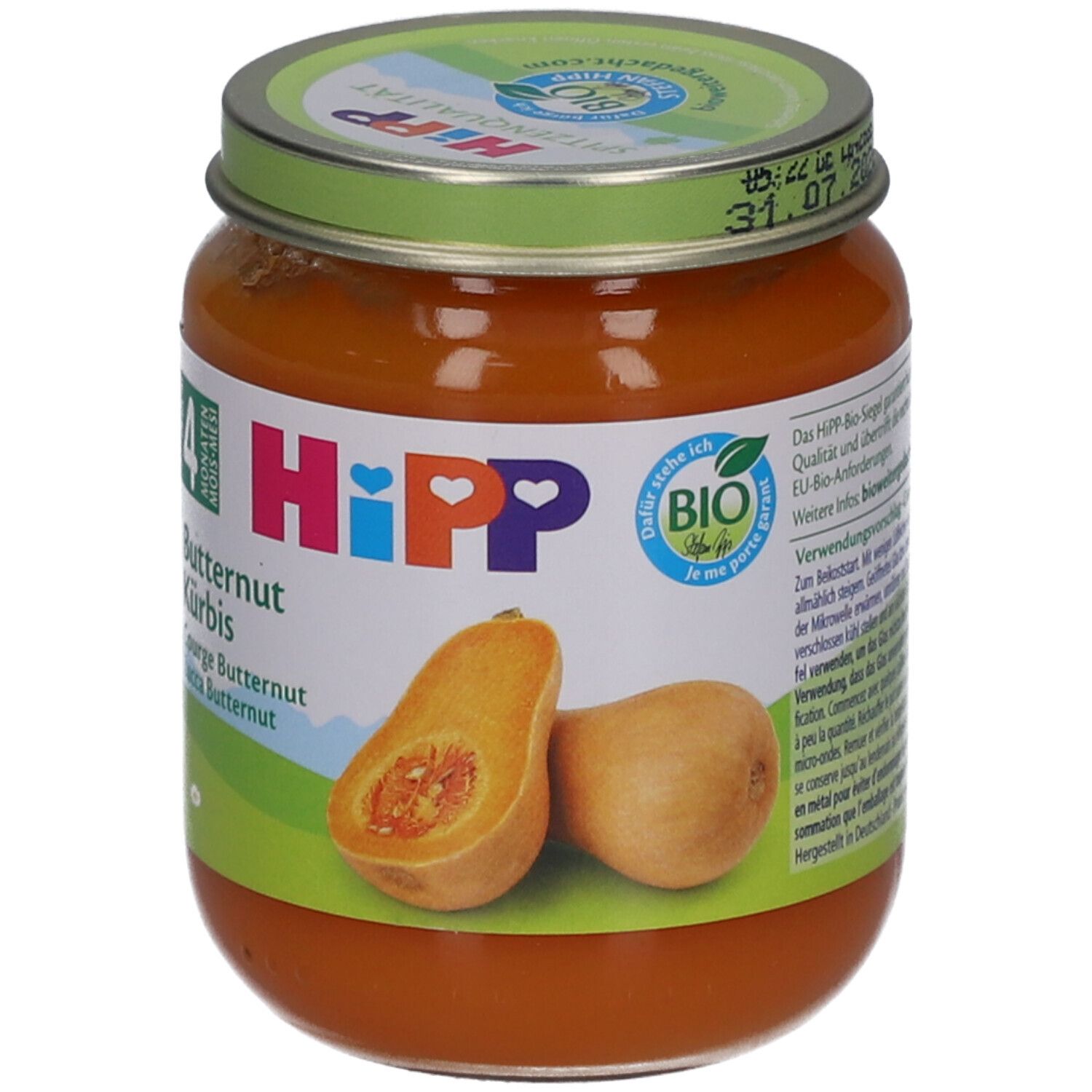 Potje HiPP biologische pompoenpuree vanaf 4 maanden. Etiket met pompoenillustratie, bio-keurmerk en productinformatie.