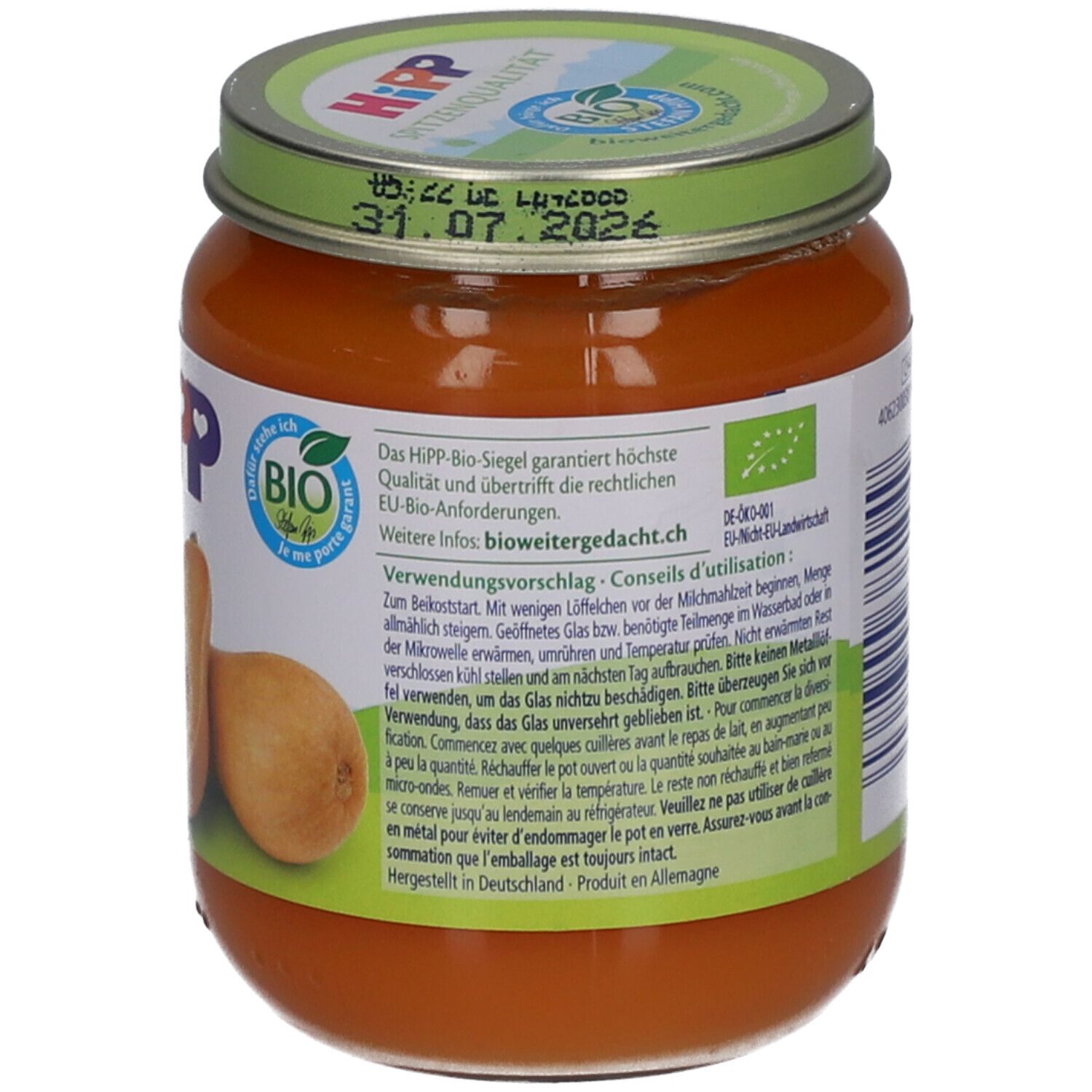 Achterkant potje HiPP biologische pompoenpuree vanaf 4 maanden. Productinformatie, bio-keurmerk en gebruiksaanwijzing.
