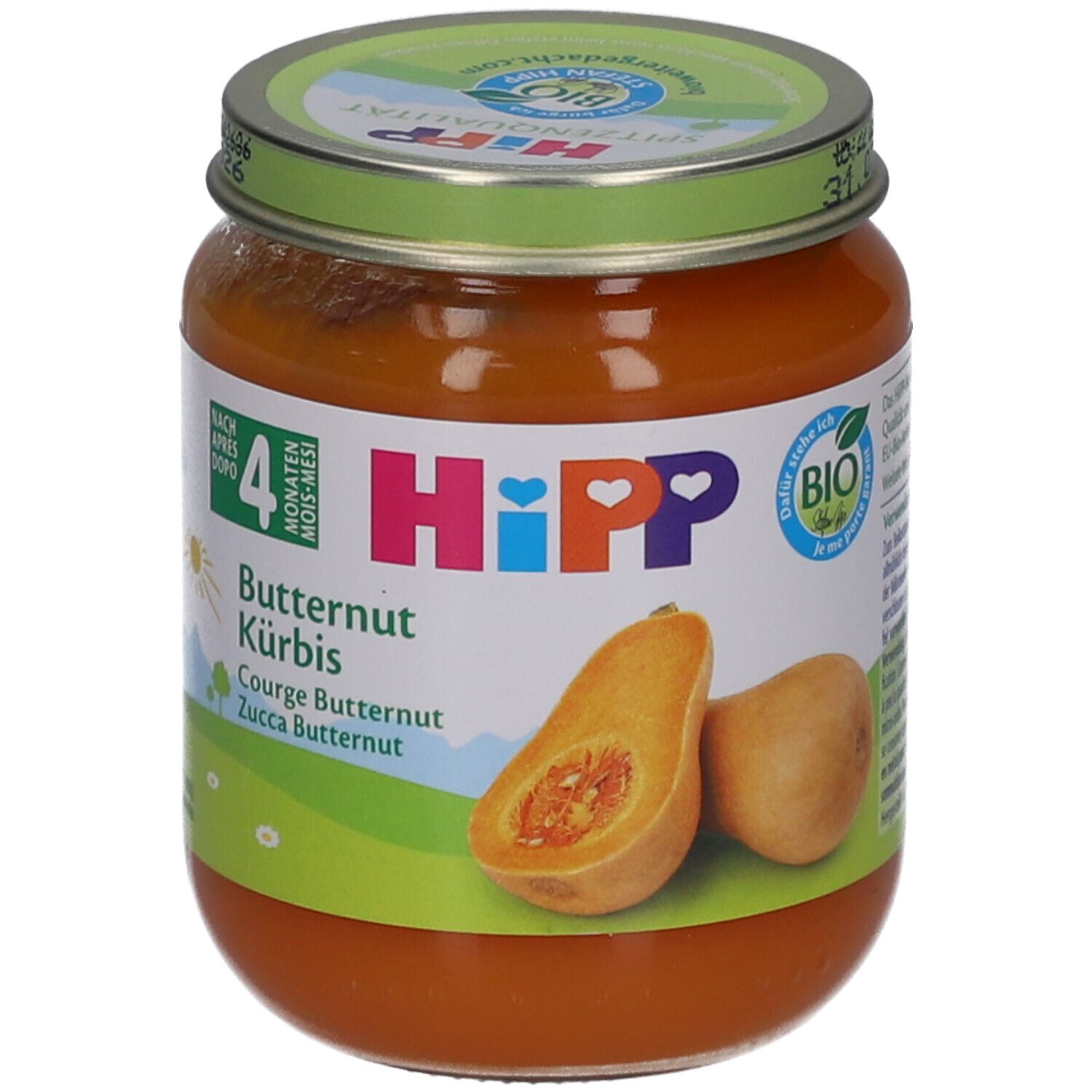 Potje HiPP biologische pompoenpuree vanaf 4 maanden. Etiket met pompoenillustratie en bio-keurmerk.