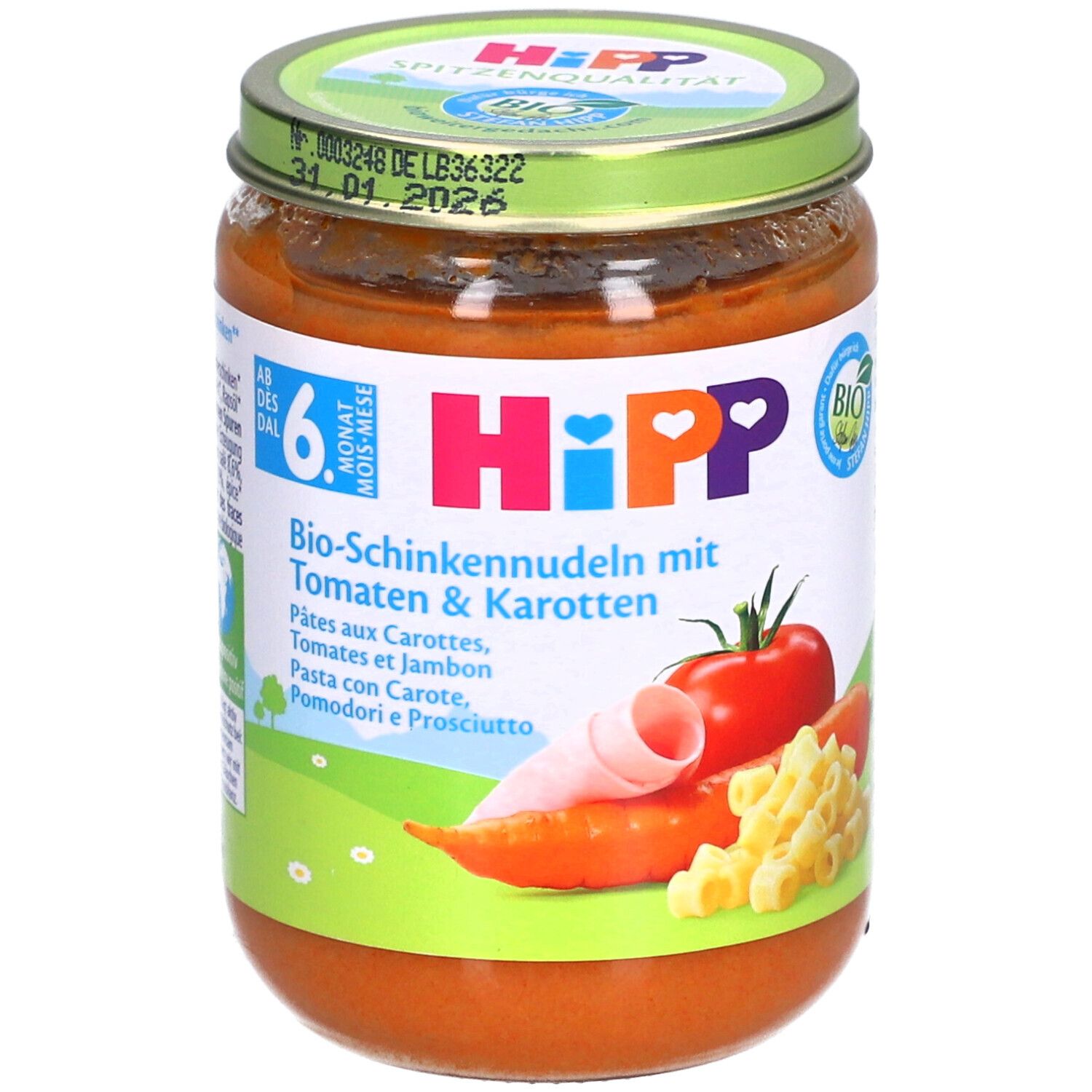 Hipp Bio Hamnoedels met tomaat & wortel babyvoeding in pot. Bevat noedels, ham, tomaten en wortelen.