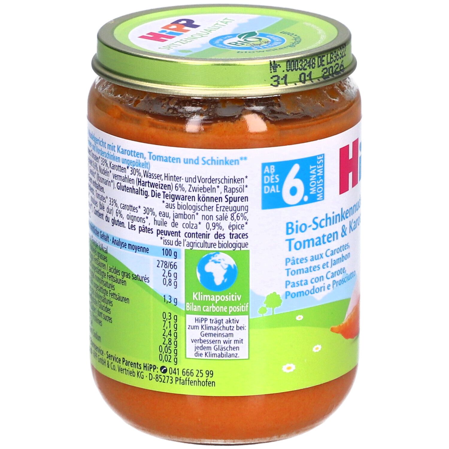Hipp Bio Ham-Tomaat & Wortel babyvoeding in pot, 100g.