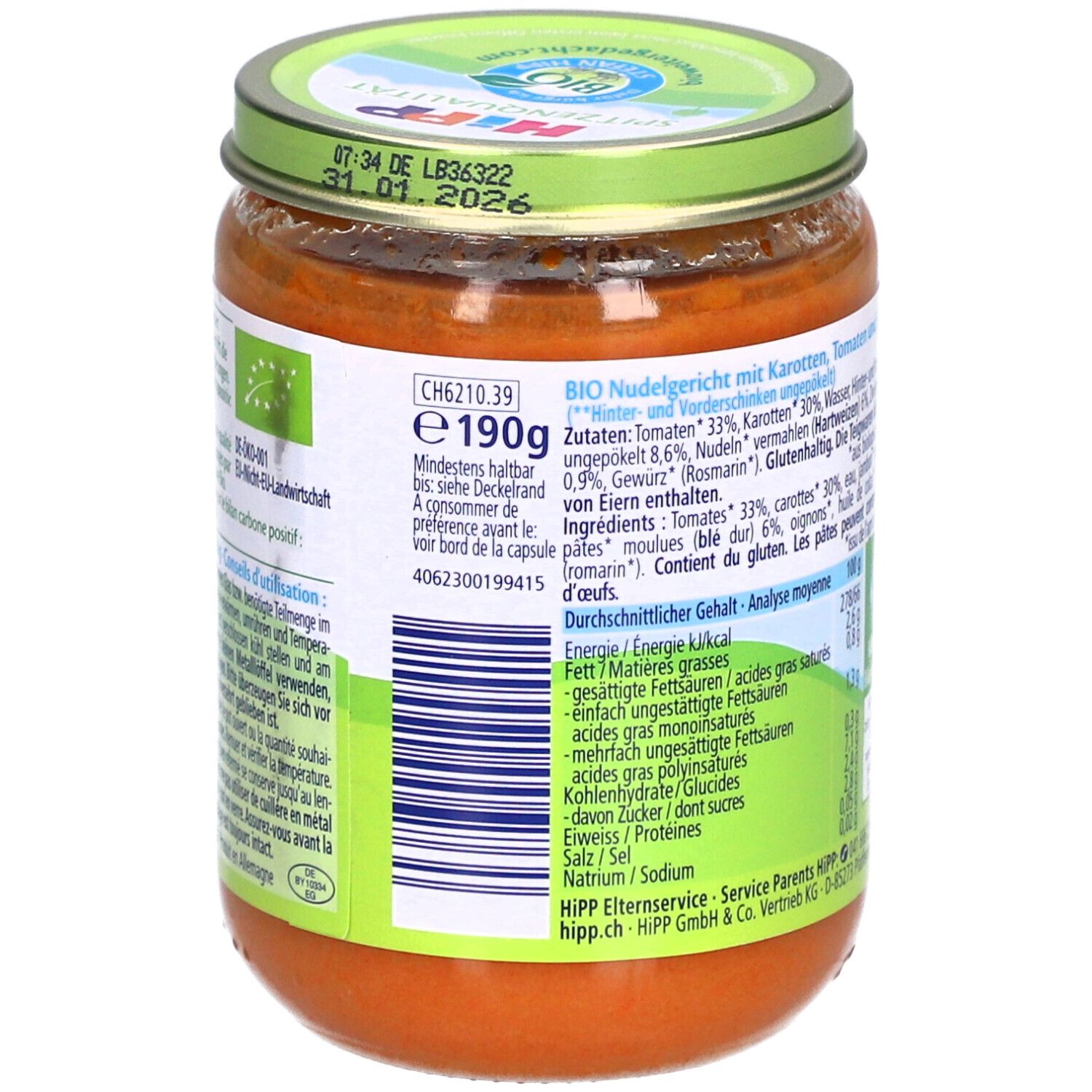 Biologisch pastagerecht met wortelen en tomaten, pot van 190g.