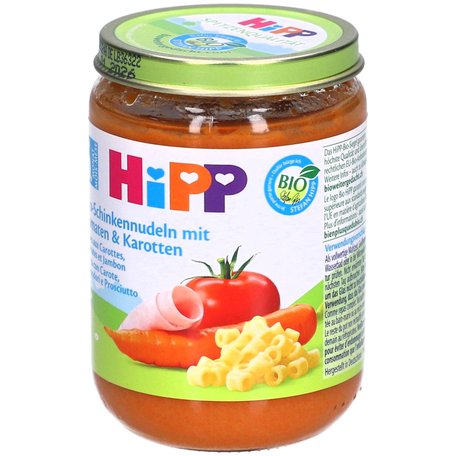 HiPP babyvoeding potje met ham, tomaten & worteltjes. Met BIO-keurmerk.
