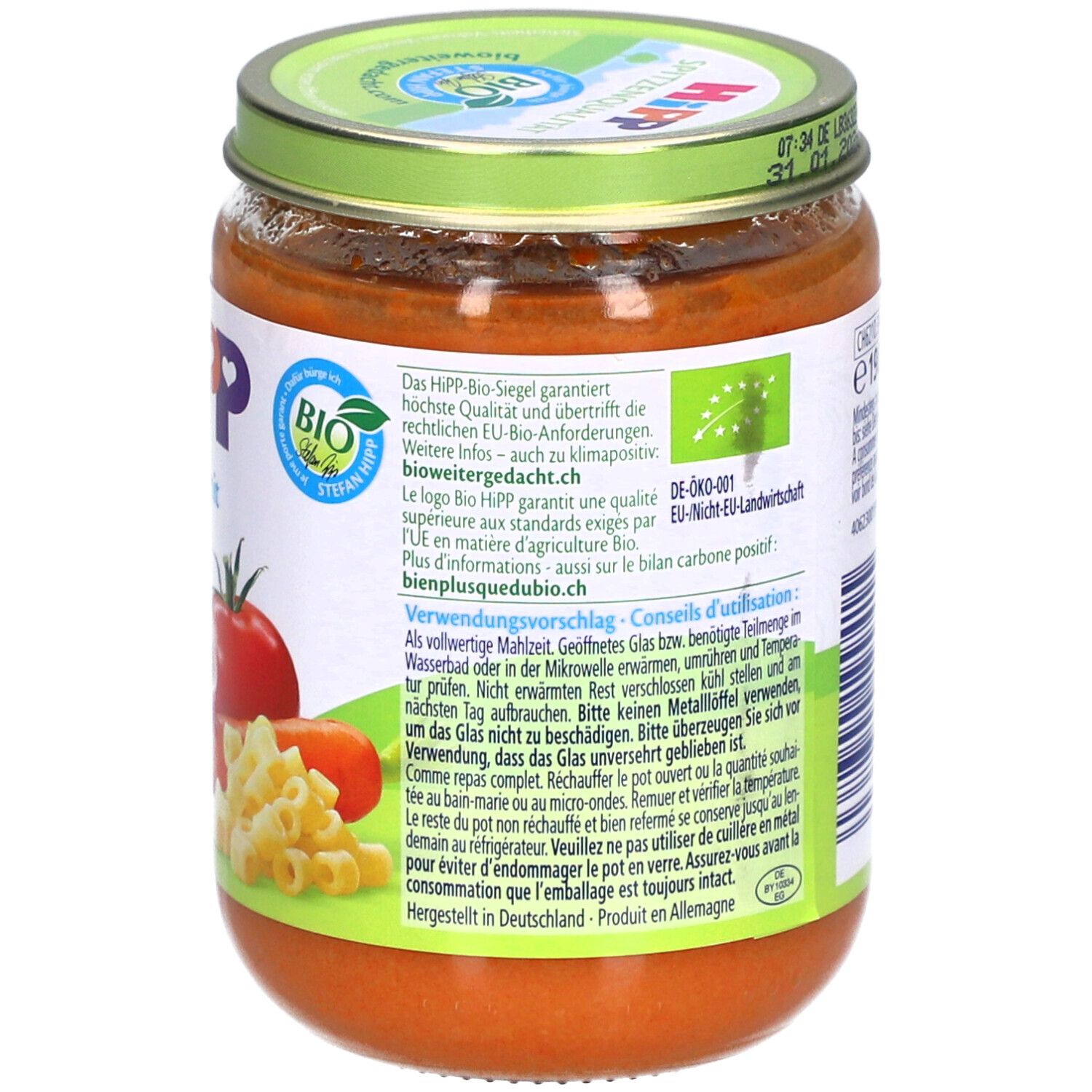 Pot babyvoeding met tomaat en pasta, Bio-keurmerk.