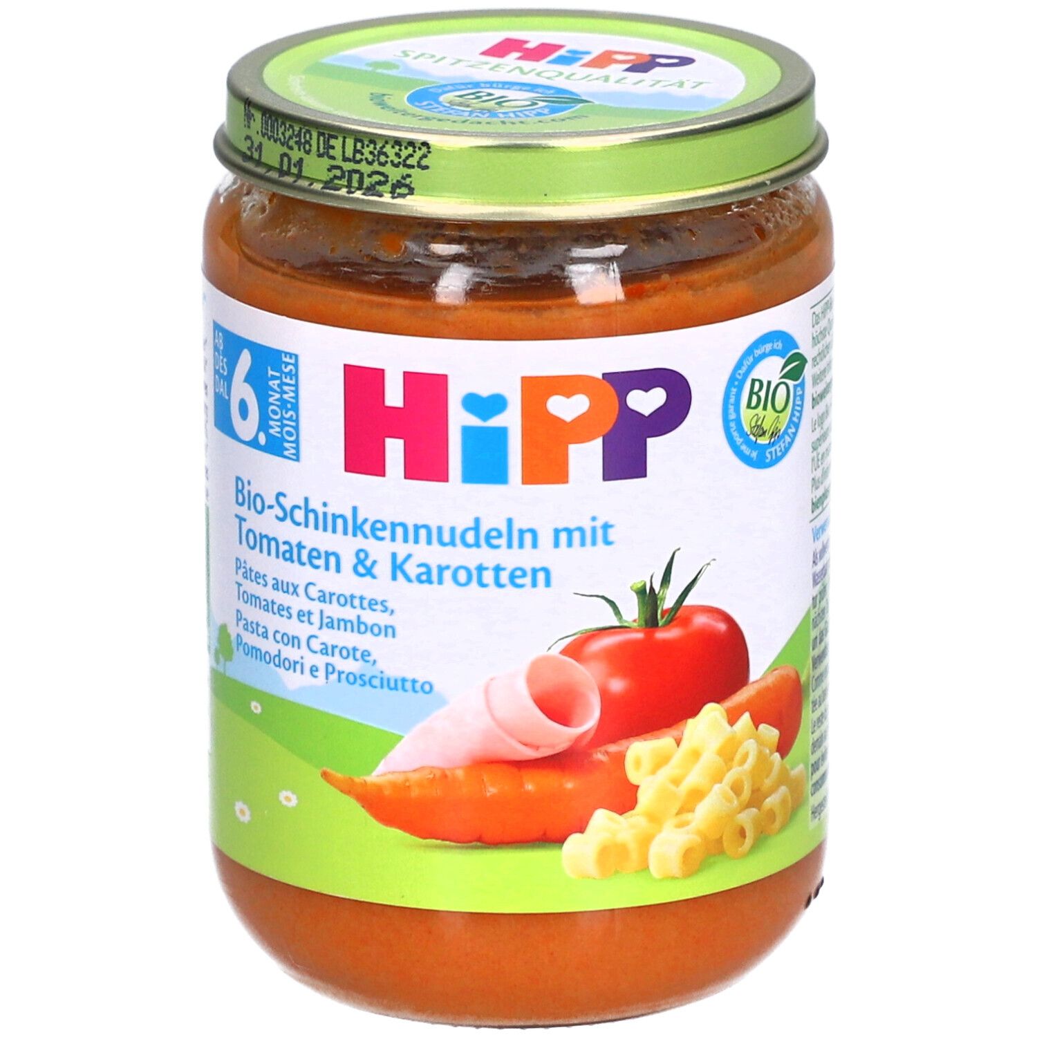 HiPP Bio Ham-noedels met tomaat & wortel babyvoeding in pot. Bevat noedels, ham, tomaten en wortelen.