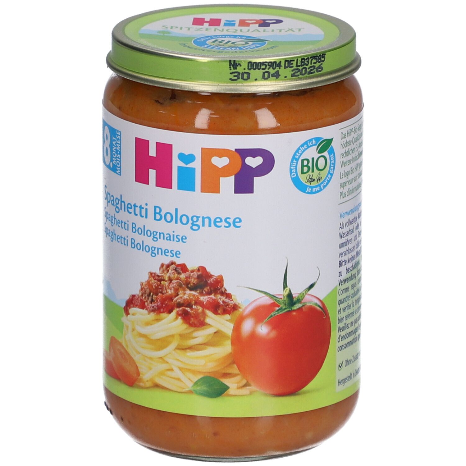 Pot de Spaghetti Bolognese pour bébés de 8 mois et plus. Étiquette avec logo, nom du produit et illustration de spaghettis et tomate.