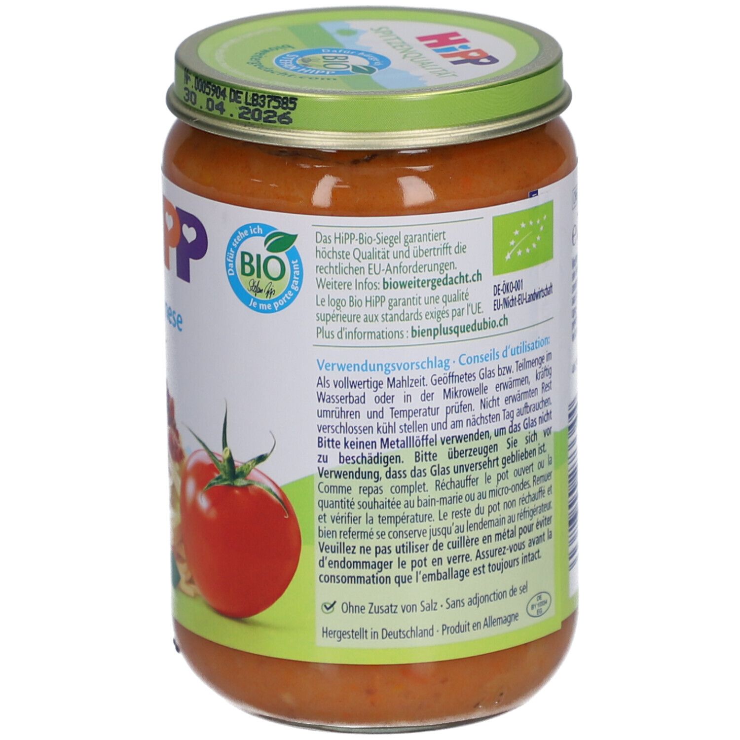 Dos du pot de Spaghetti Bolognese. Informations d'utilisation et logo. Sans ajout de sel.