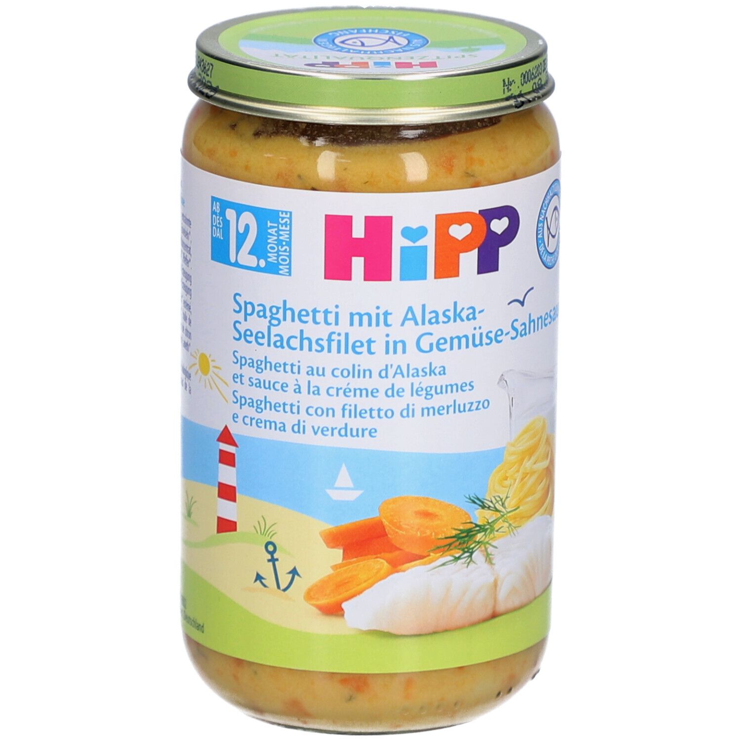 Hipp babyvoeding potje: Spaghetti met Alaska-kabeljauwfilet in groente-roomsaus, vanaf 12 maanden.