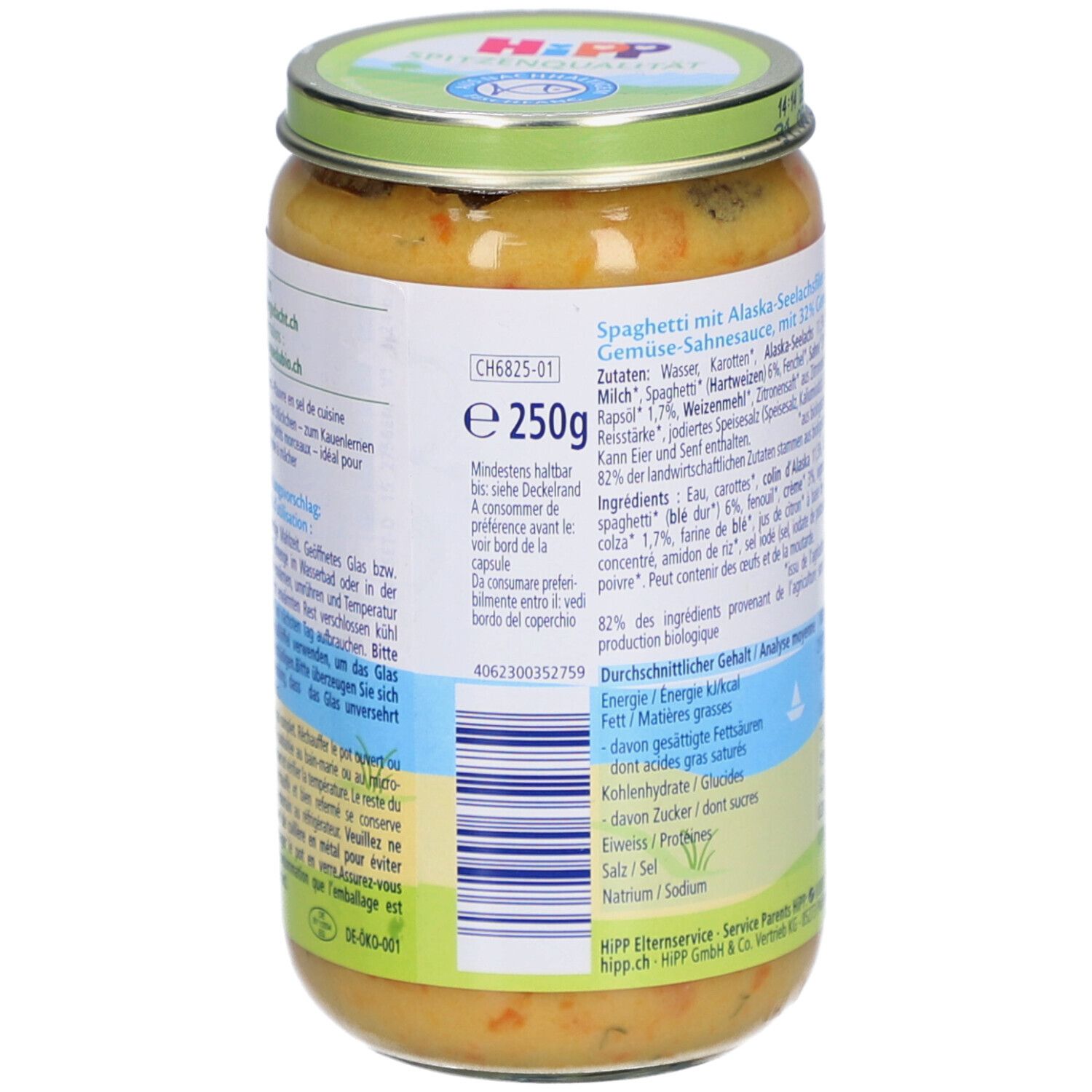 Hipp babyvoeding pot: Spaghetti met Alaska pollak, groente-roomsaus, 250g.