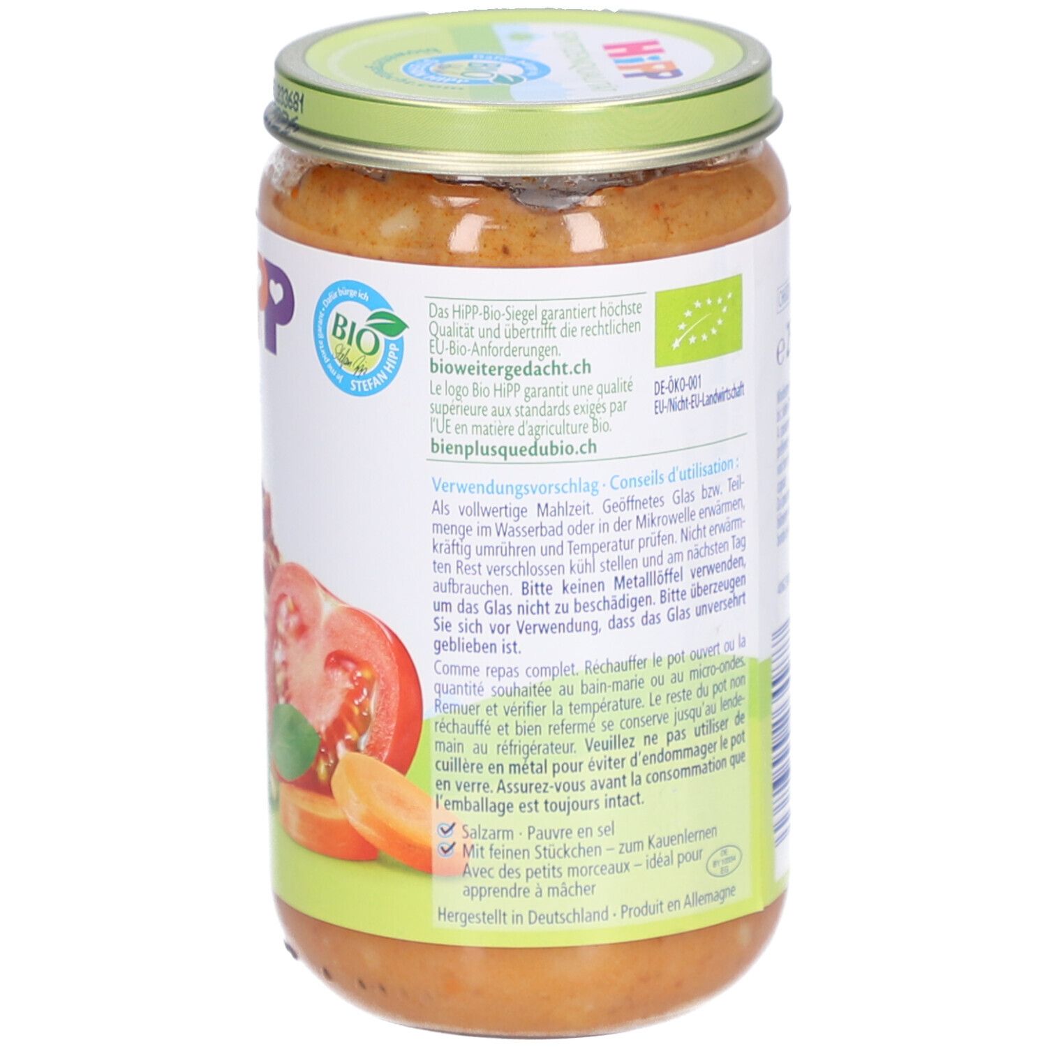 Achterkant van de pot met informatie. HIPP Spaghetti Bolognese voor baby's vanaf 12 maanden. Bio-label.