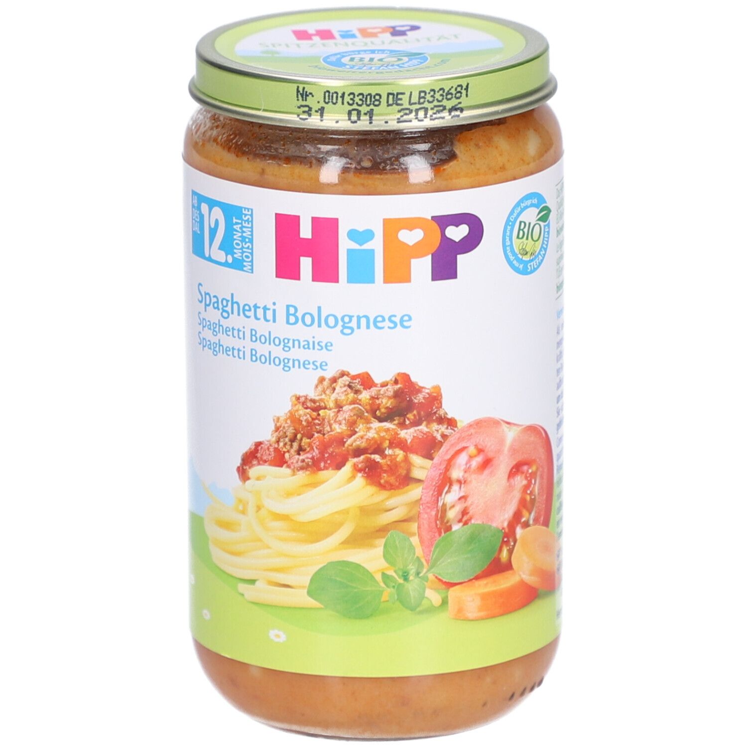 Pot HIPP Spaghetti Bolognese voor baby's vanaf 12 maanden. Afbeelding van tomaten, wortelen en pasta.