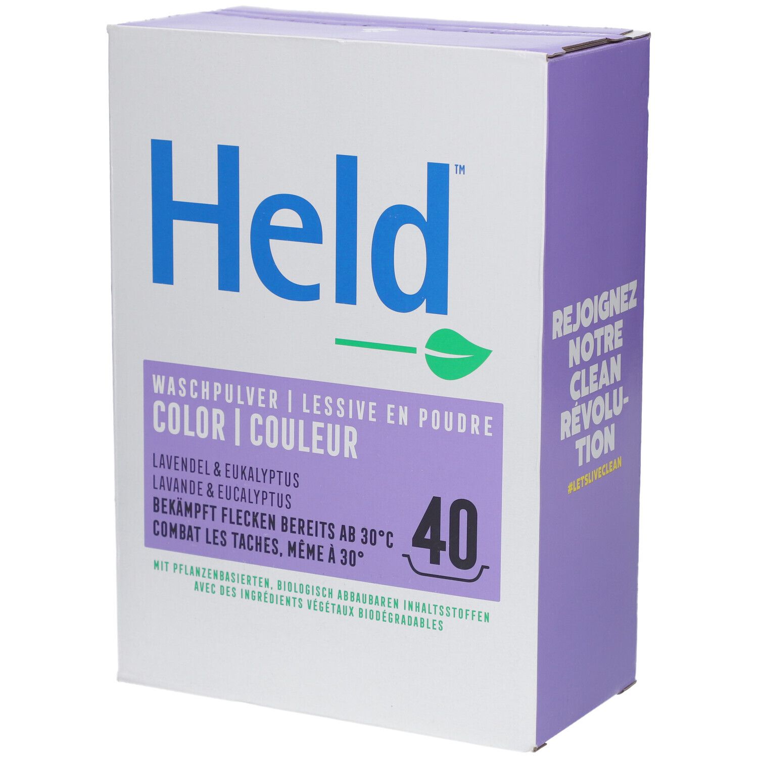 Doos Held Color waspoeder, Lavendel & Eucalyptus. Blauwe tekst, groen blad. 40 wasbeurten. Paars en wit design.