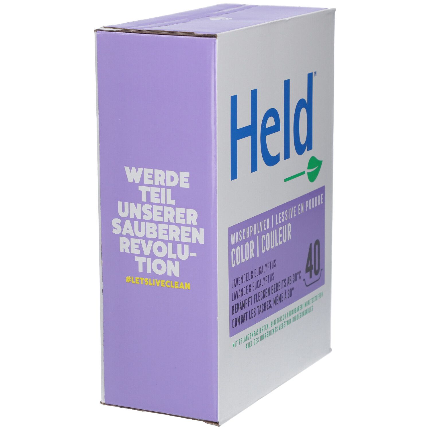 Doos Held Color waspoeder, Lavendel & Eucalyptus. Paarse zijkant met tekst. Witte doos met logo en tekst.