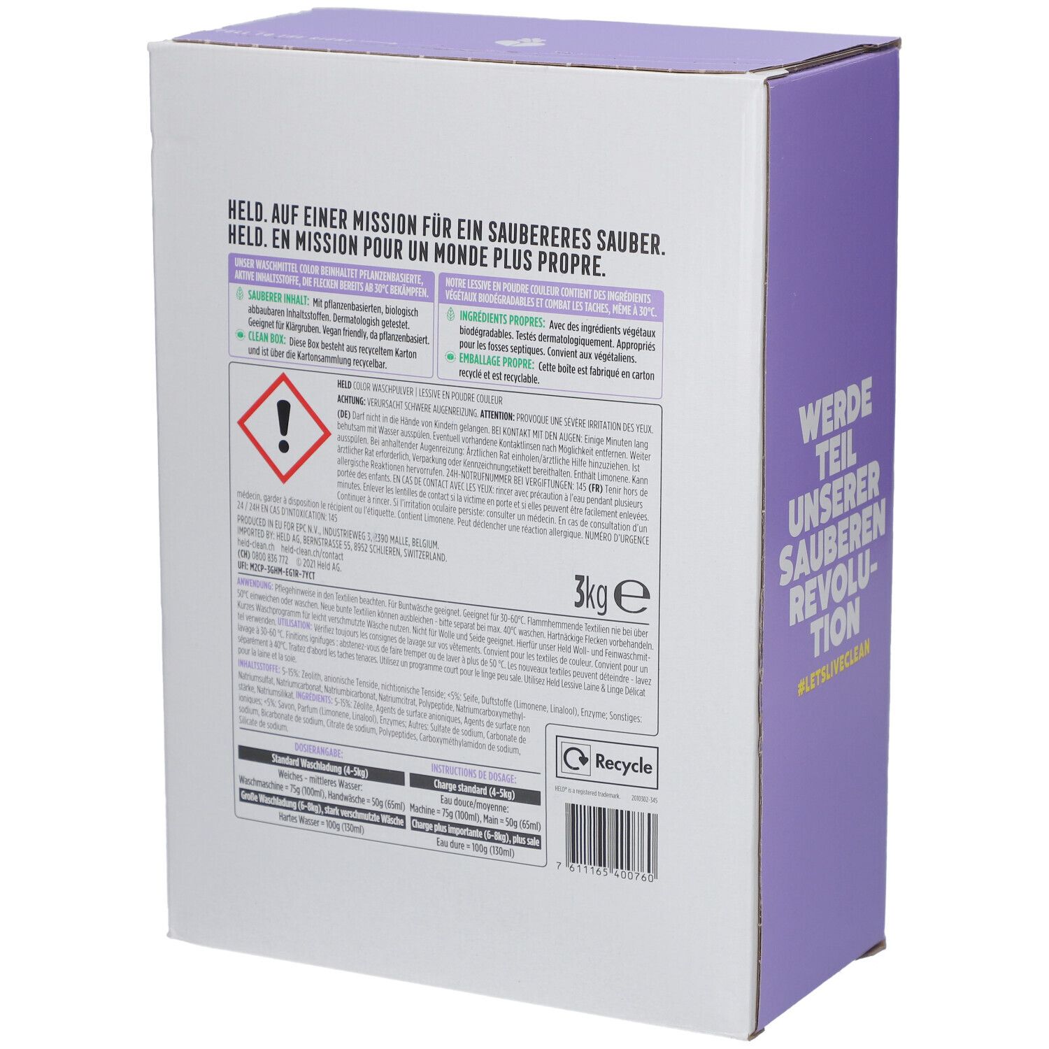 Achterkant van de waspoederdoos. Tekst in het Duits, Frans. Waarschuwing. 3kg e. Recyclesymbool.