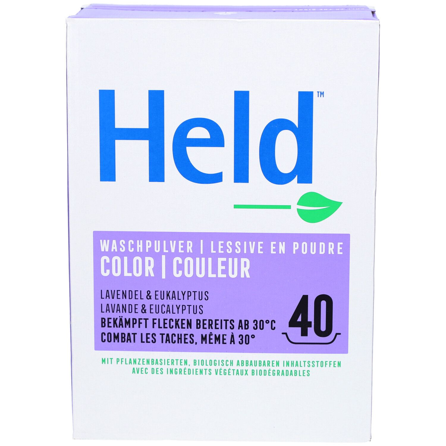 Voorkant van de waspoederdoos. Held Color, Lavendel & Eucalyptus. 40 wasbeurten.