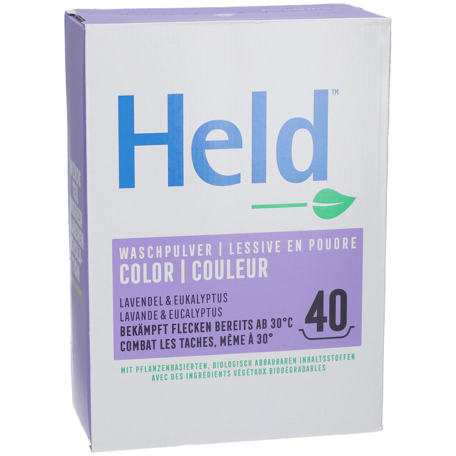 Voorkant van de waspoederdoos. Held Color, Lavendel & Eucalyptus. 40 wasbeurten.