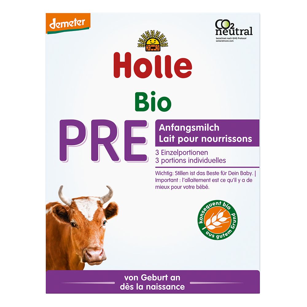 Holle Bio PRE Anfangsmilch verpakking. Koe-illustratie. Demeter-keurmerk. CO2-neutraal.