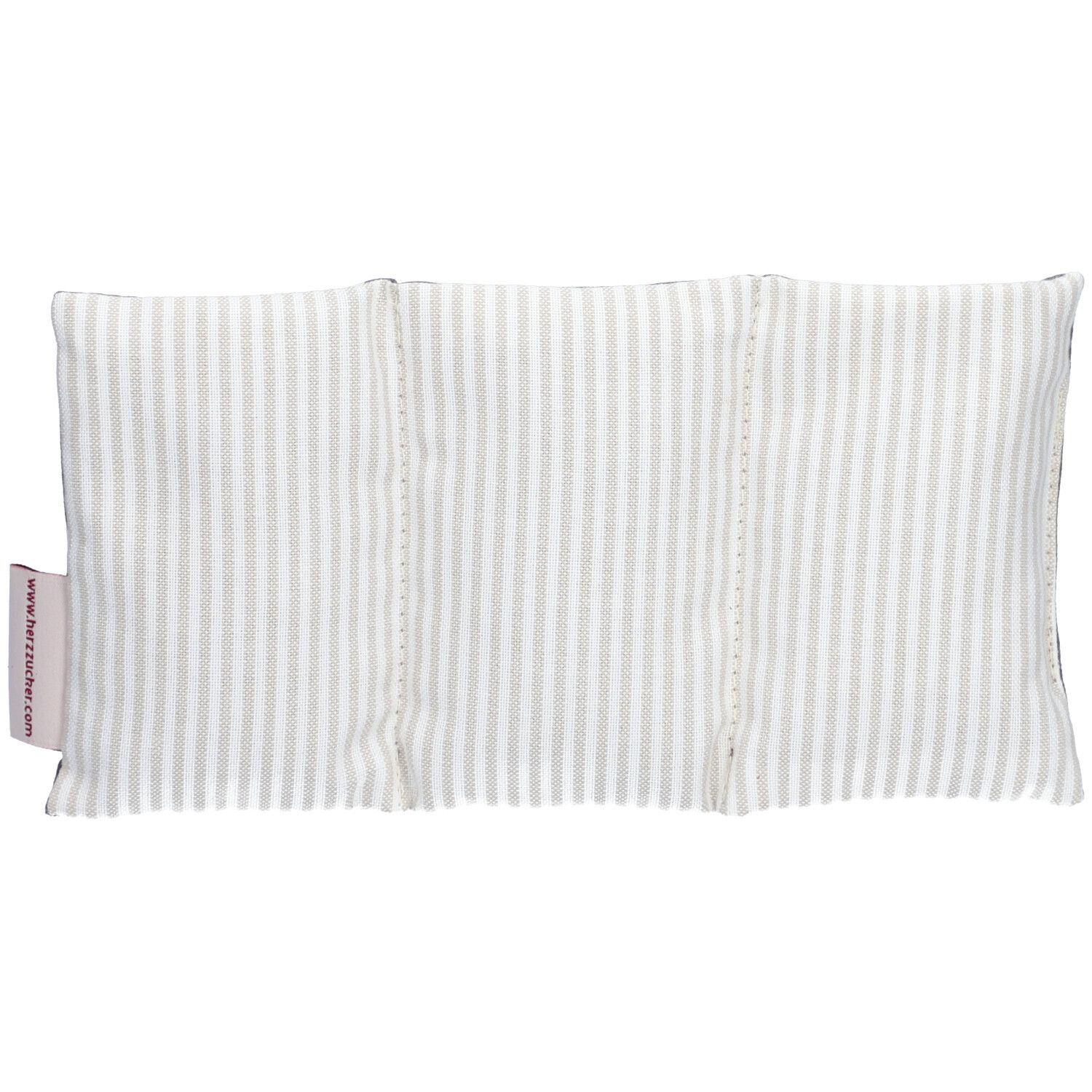 Coussin chauffant à rayures blanches. Inscription : HERZZUCKER®. Rectangulaire, en trois parties.