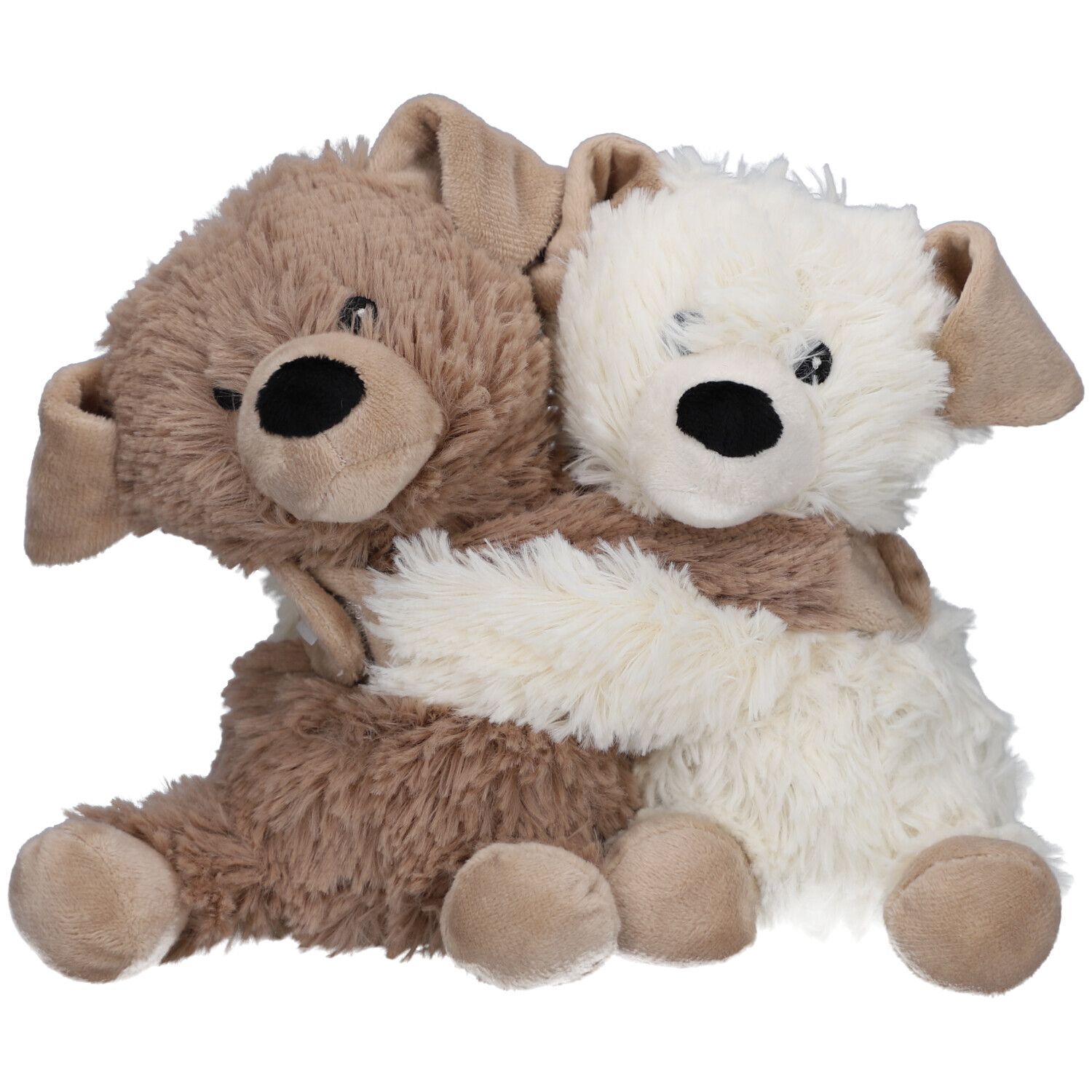 Twee knuffelhonden, bruin en wit, omarmen elkaar. Zwarte ogen en neuzen. Oren en poten beige.