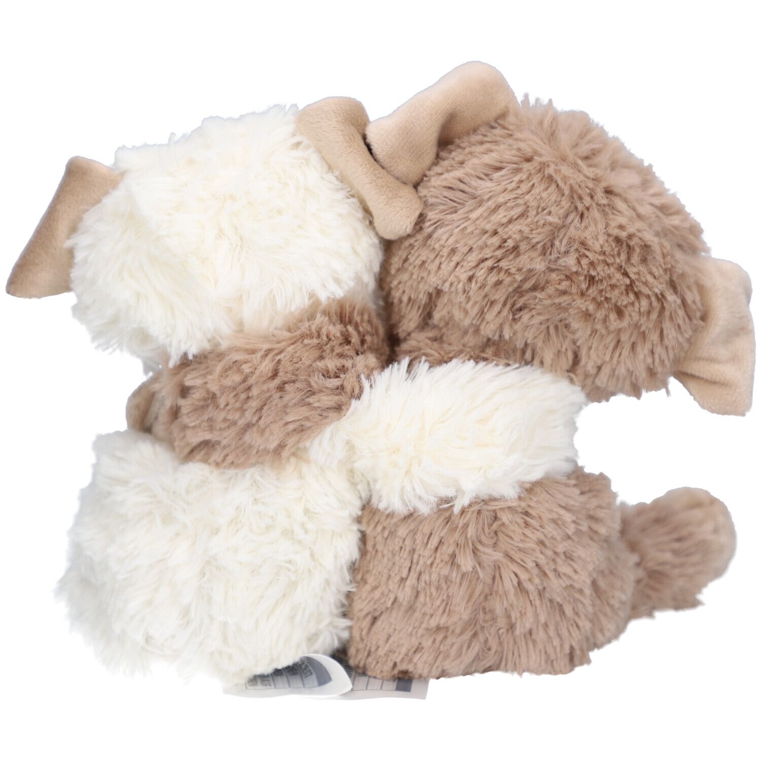 Achteraanzicht van twee knuffelhonden, bruin en wit, die elkaar omarmen. Beige oren en poten.